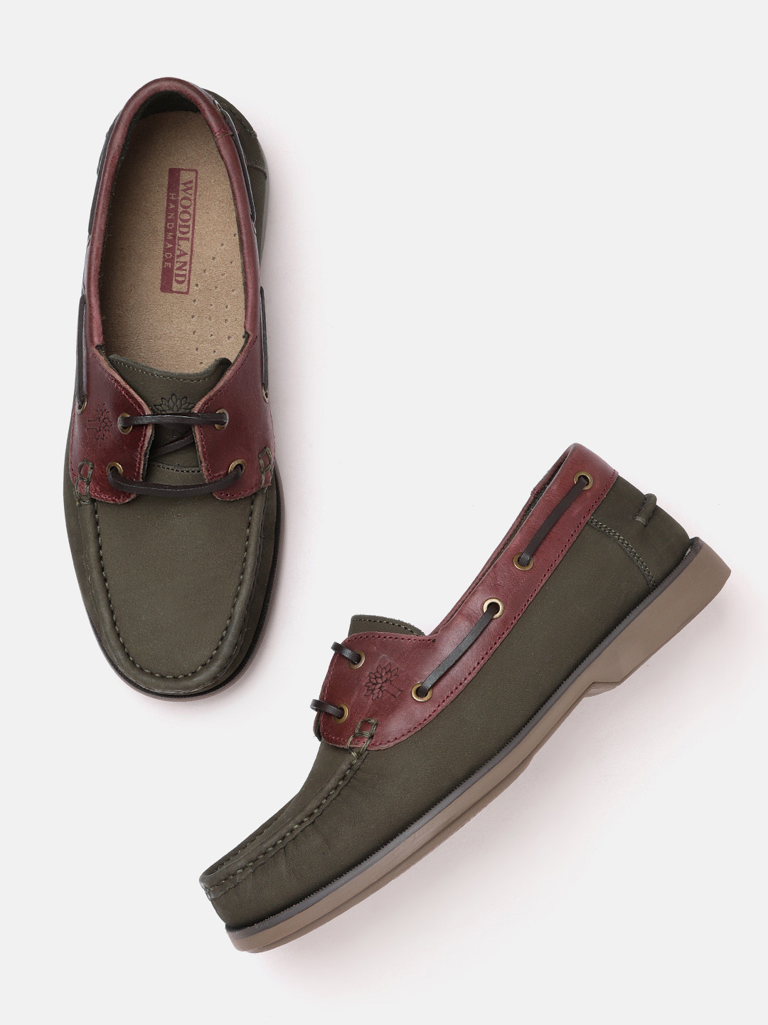 

Woodland Men Olive Green & Maroon Colourblocked Leather Boat Shoes