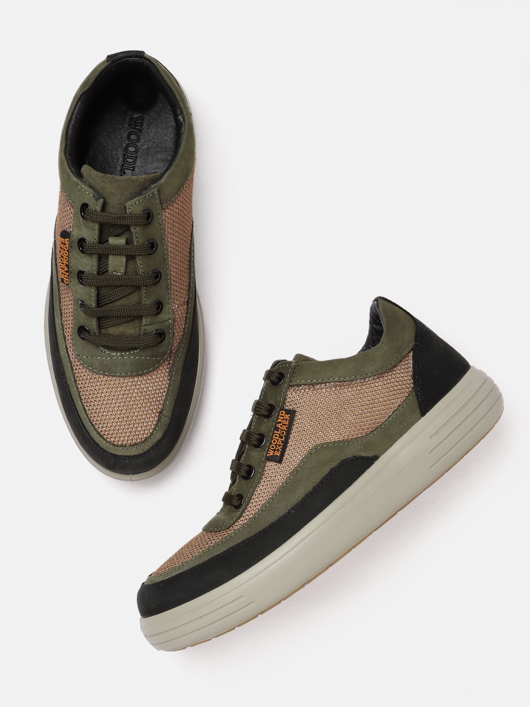 

Woodland Men Rust Orange & Olive Green Woven Design Nubuck Sneakers