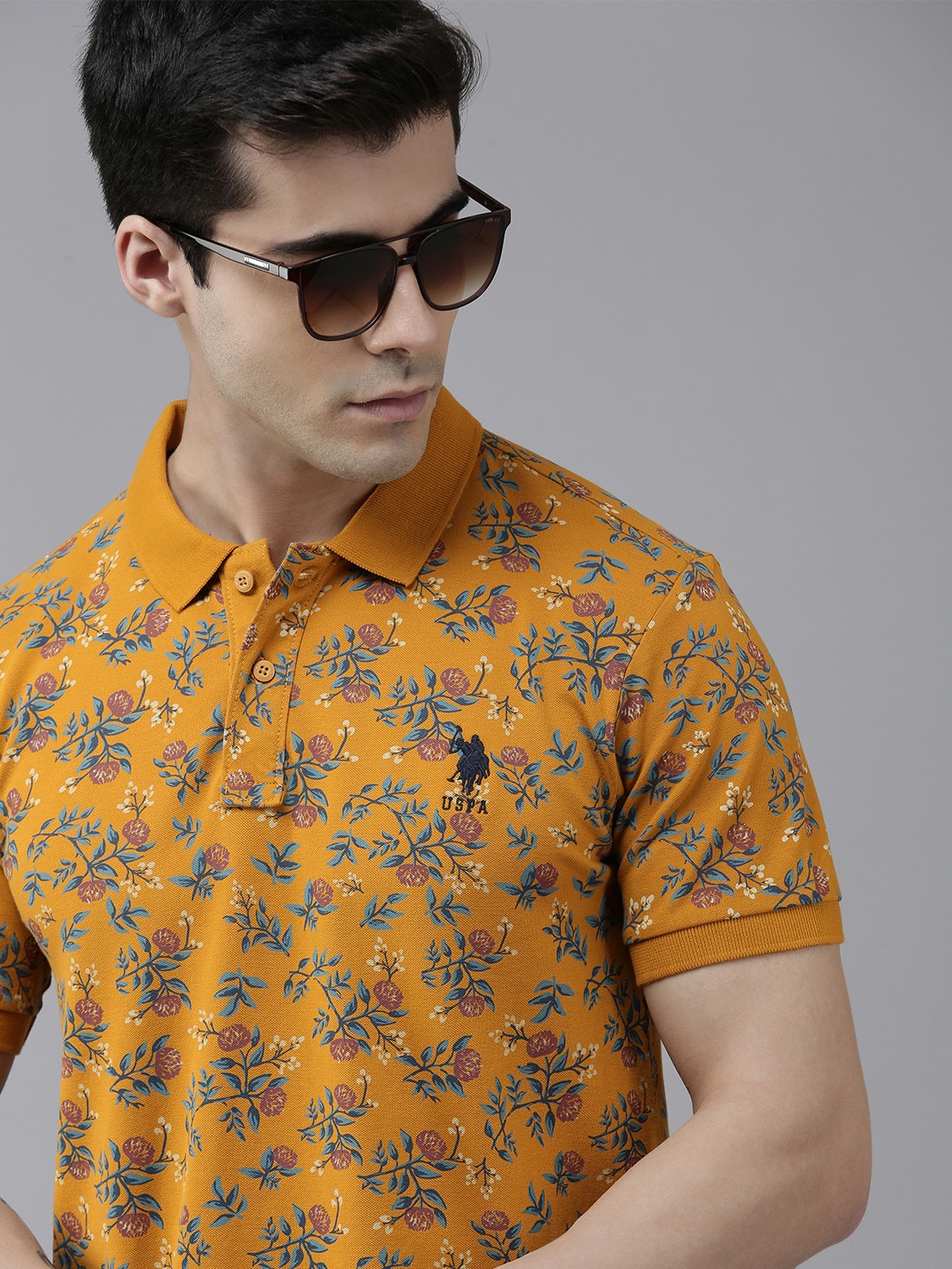 

U S Polo Assn Men Mustard Yellow Floral Printed Polo Collar Slim Fit T-shirt