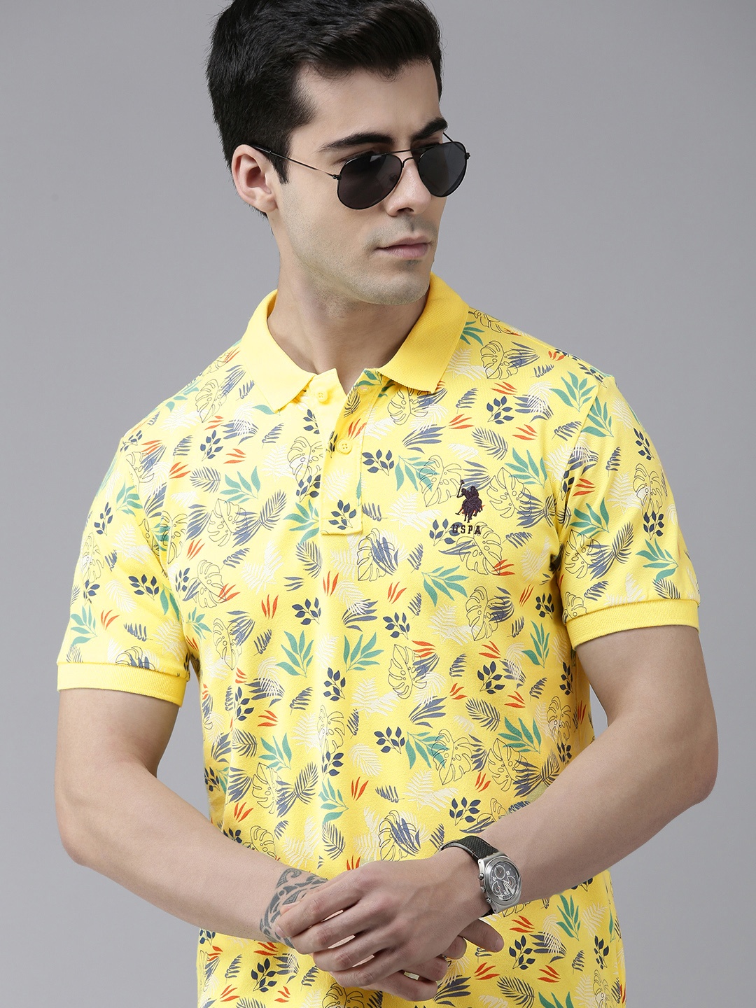 

U S Polo Assn Men Yellow Tropical Printed Slim Fit Polo Collar T-shirt