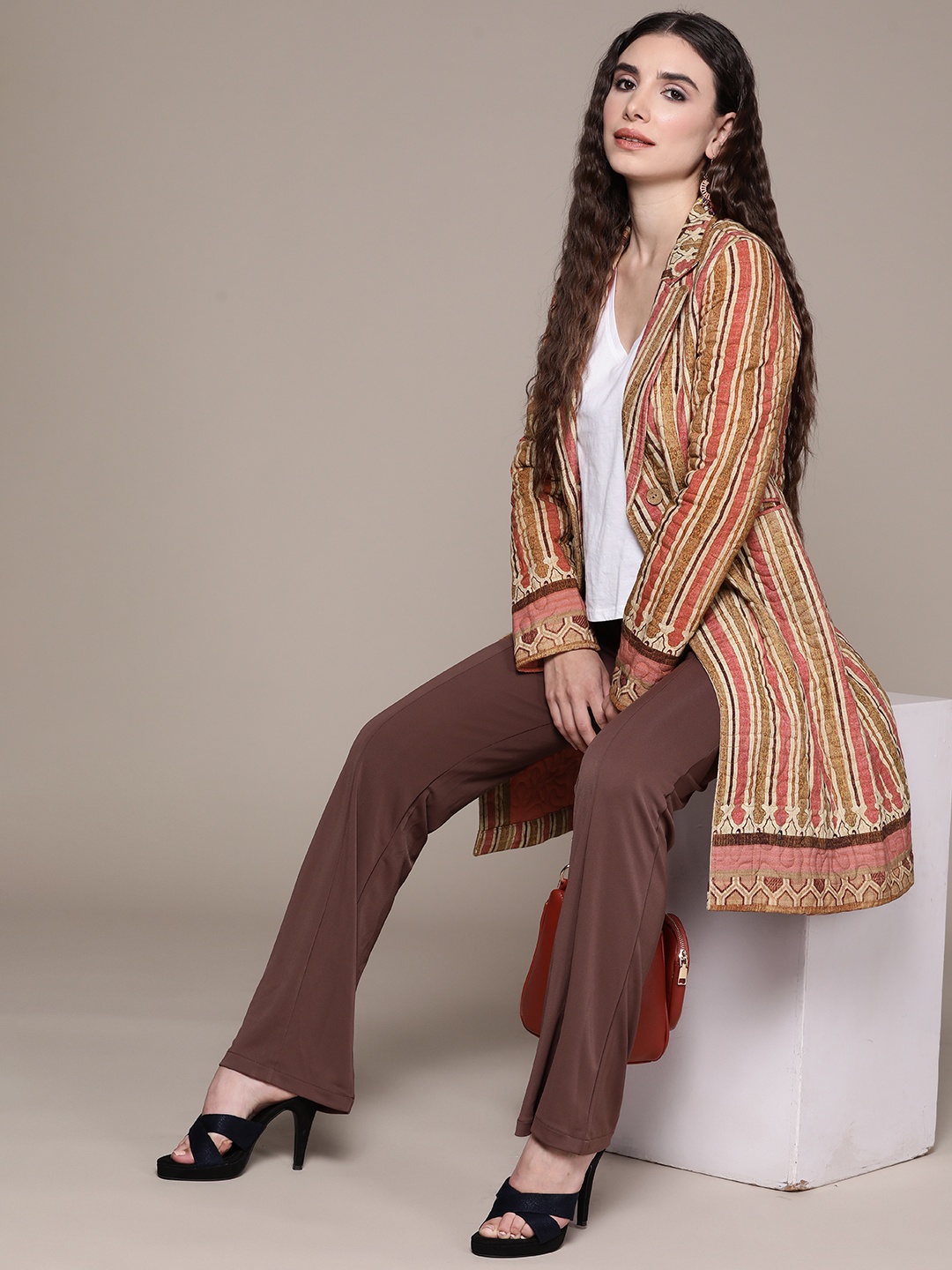 

aarke Ritu Kumar Women Brown & Pink Striped Trench Coat