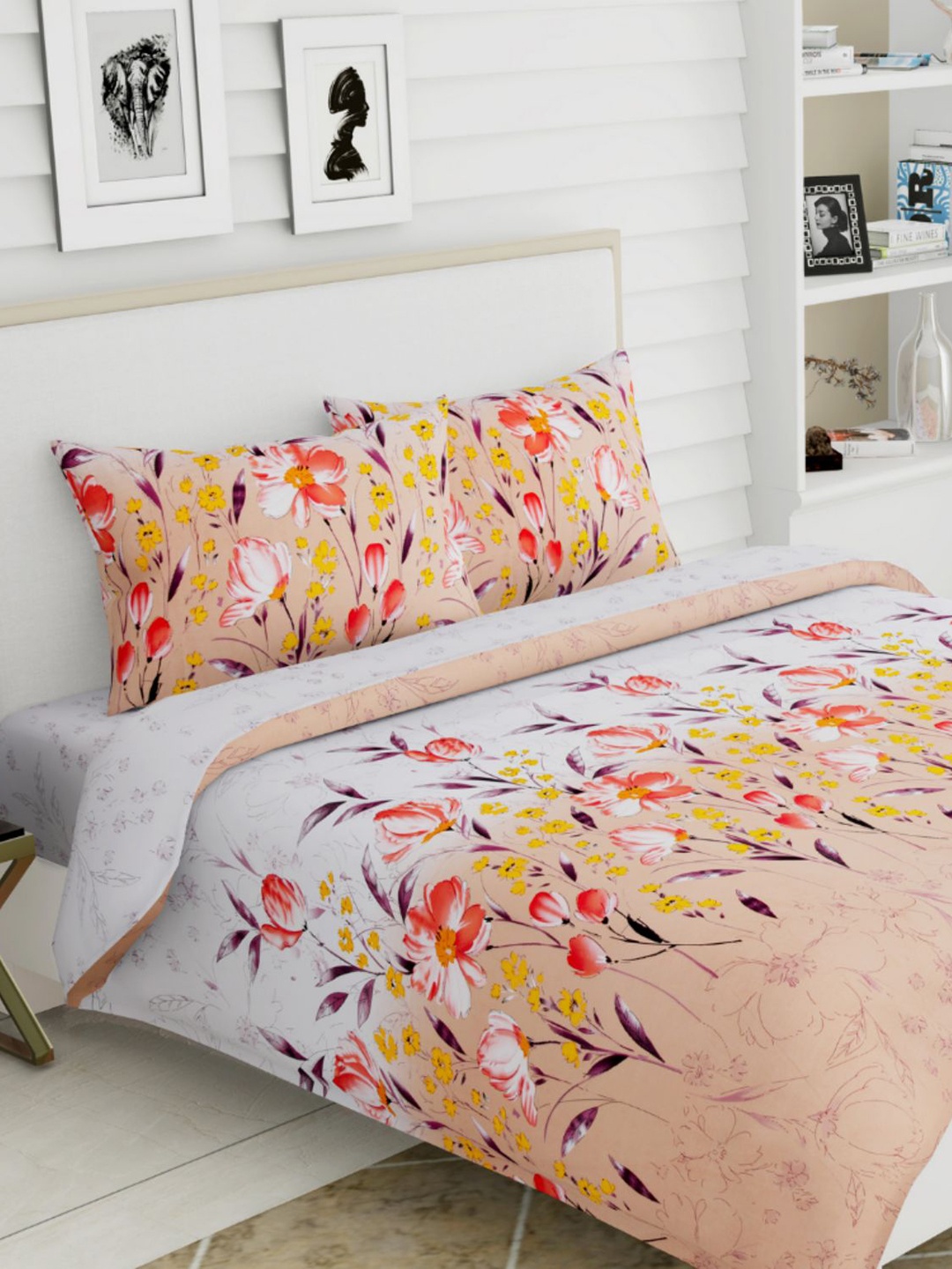 

haus & kinder Peach-Coloured & Yellow Floral 186 TC King Bedsheet with 2 Pillow Covers