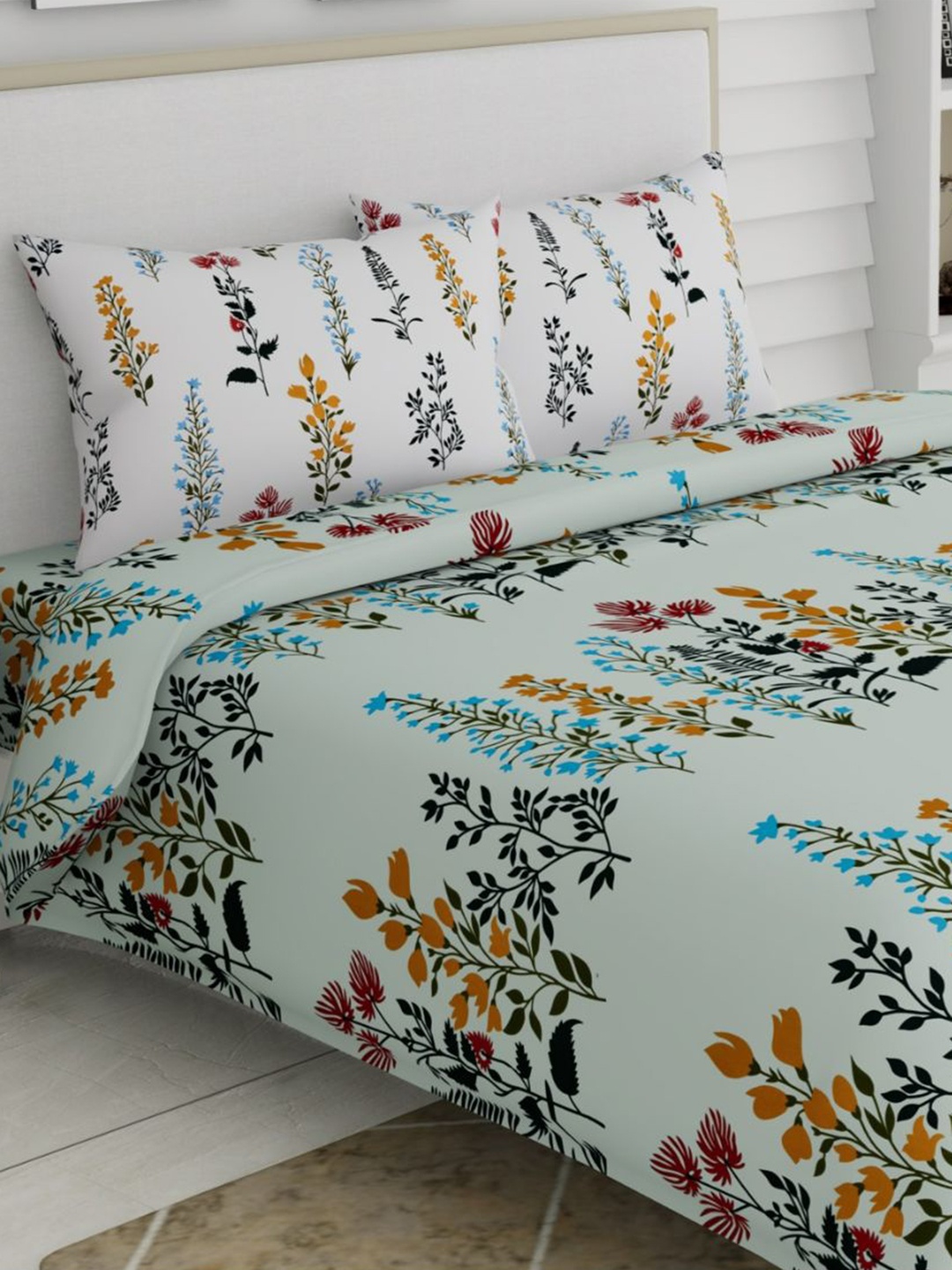 

haus & kinder Green & Yellow Floral 186 TC Queen Bedsheet with 2 Pillow Covers