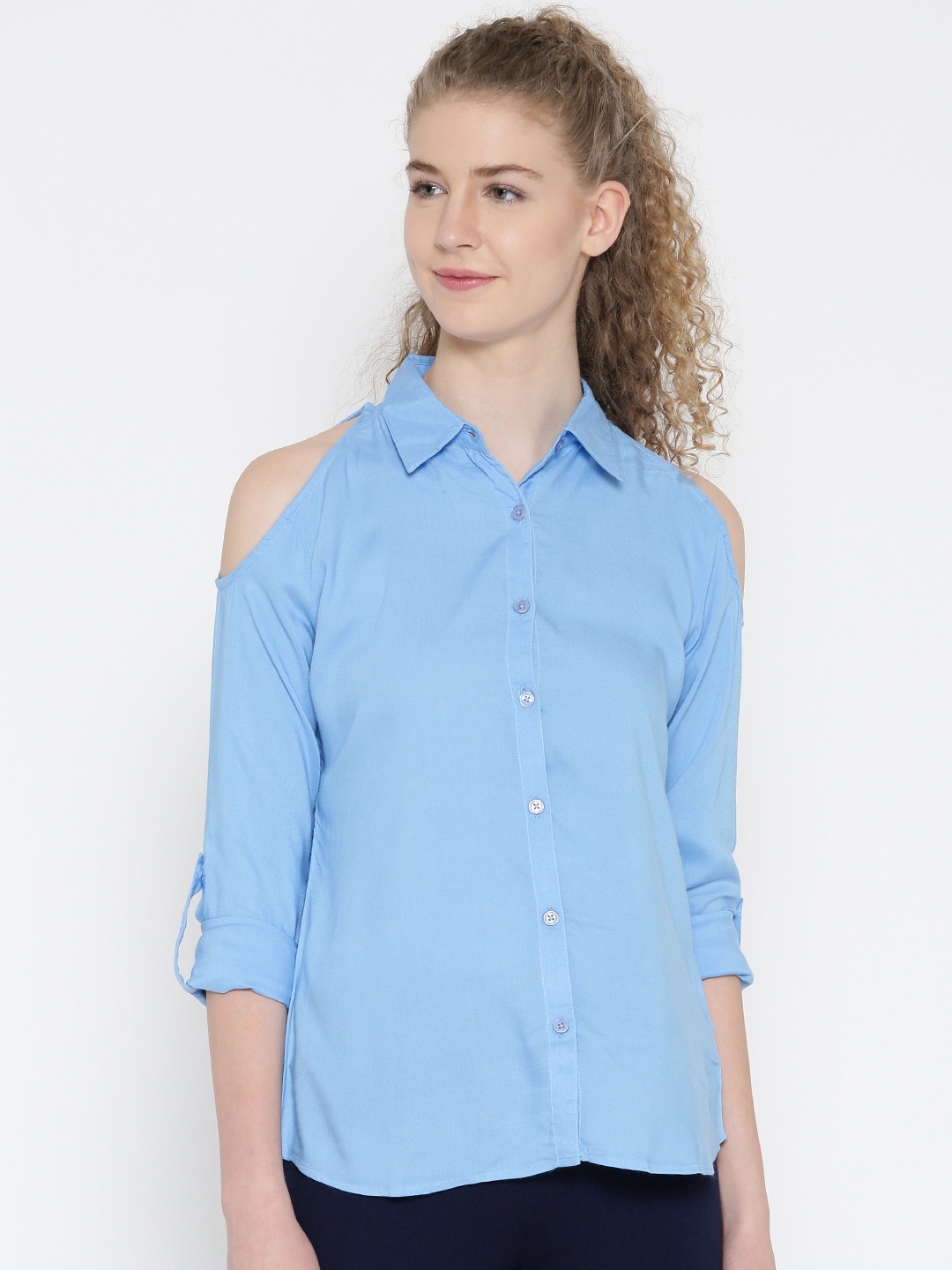 

Noi Women Blue Cold Shoulder Casual Shirt