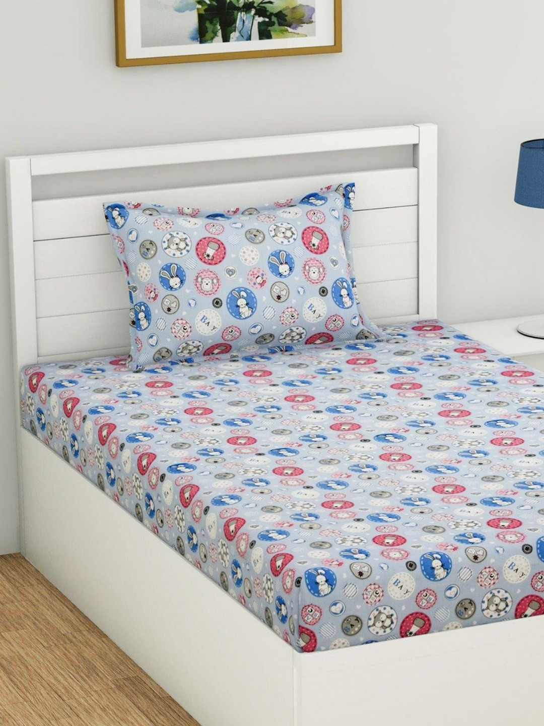 

haus & kinder Blue & White Cartoon Characters 144 TC Single Bedsheet with 1 Pillow Covers
