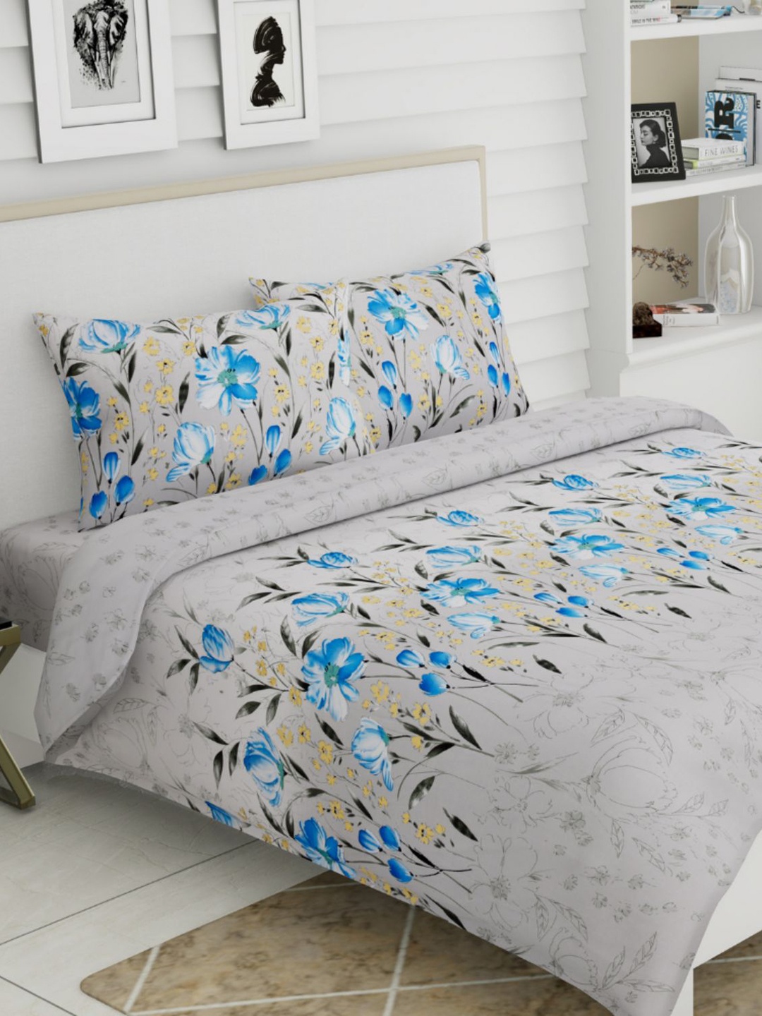 

haus & kinder Grey & Blue Floral 186 TC King Printed Bedsheet with 2 Pillow Covers