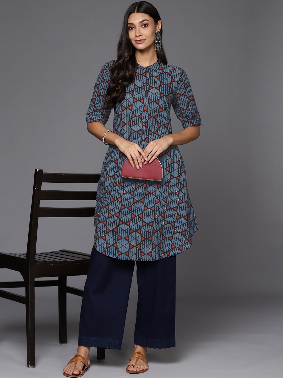 

Fabindia Women Navy Blue & Rust Orange Pure Cotton Handblock Print A-Line Kurta