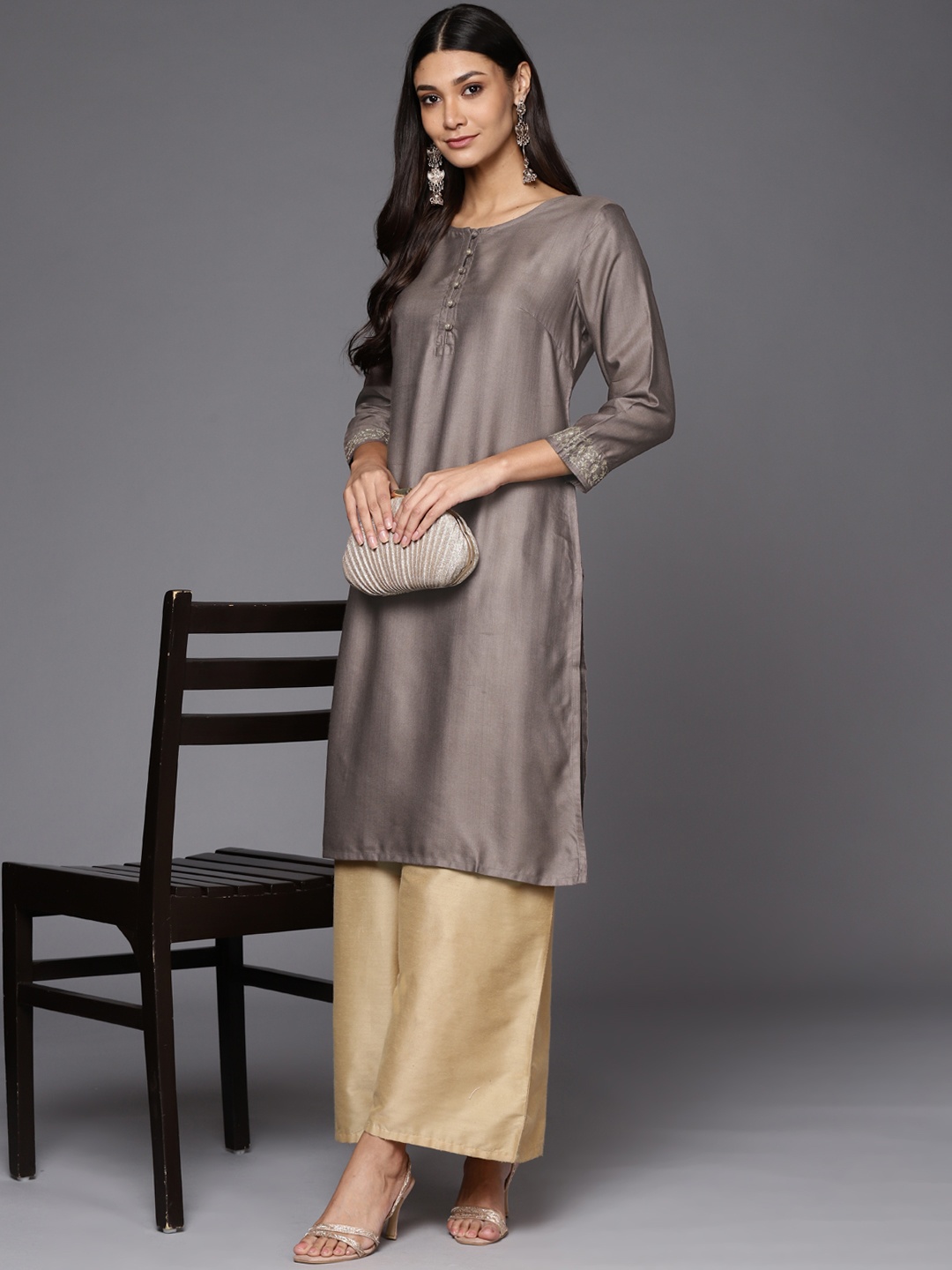 

Fabindia Women Charcoal Grey Solid Straight Kurta