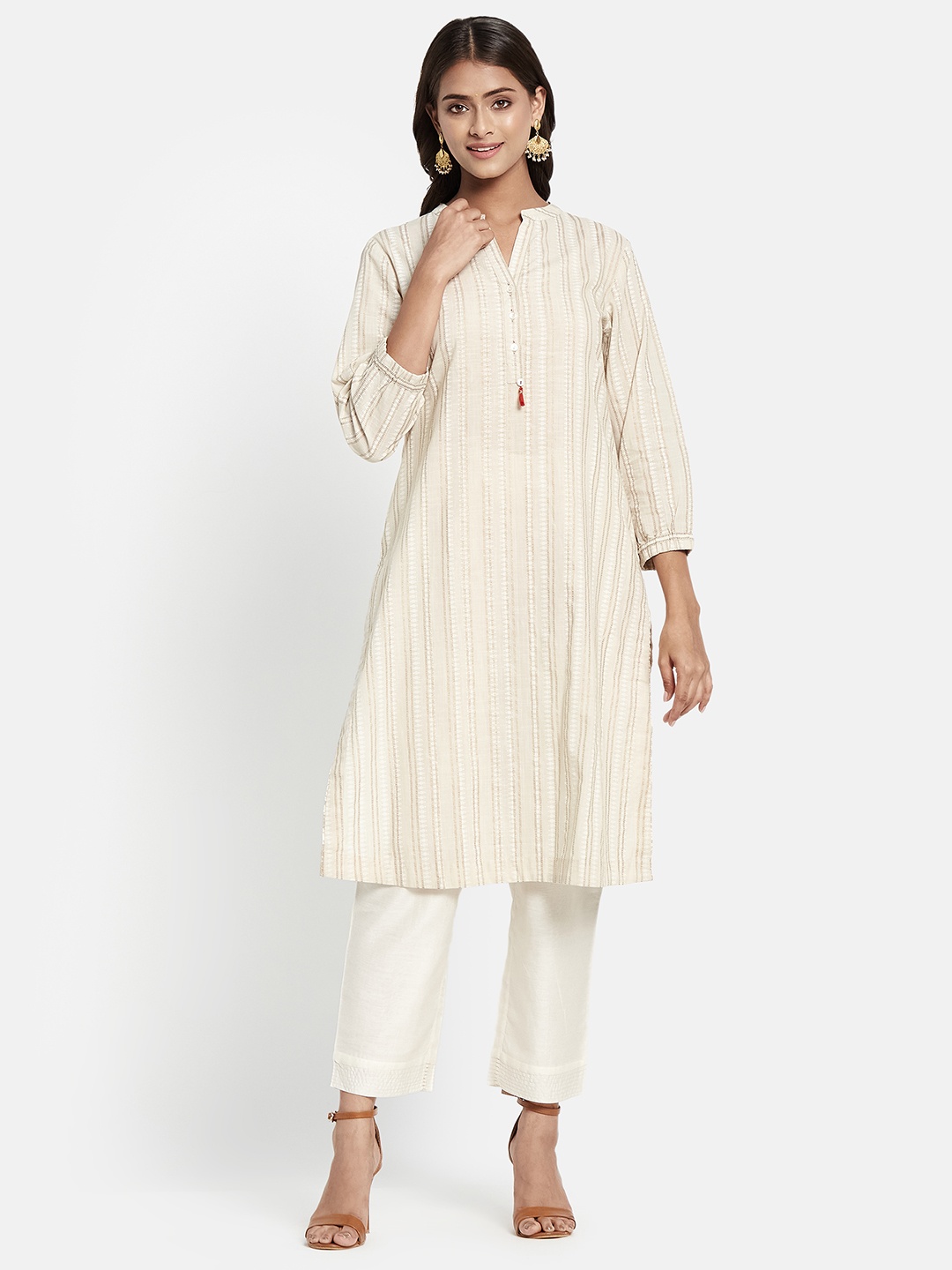 

Fabindia Women Off White & Golden Striped Pure Cotton Kurta