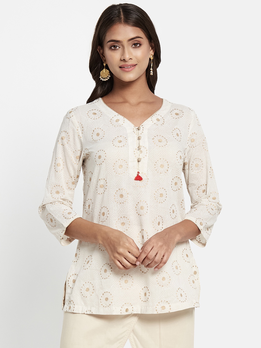 

Fabindia Off White & Golden Ethnic Motifs Printed Pure Cotton Kurti