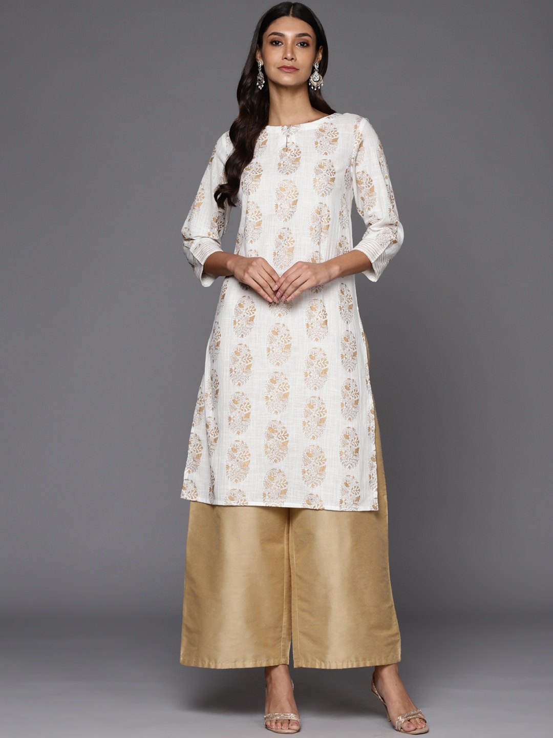 

Fabindia Women White & Gold-Toned Ethnic Motifs Printed Pure Cotton Kurta