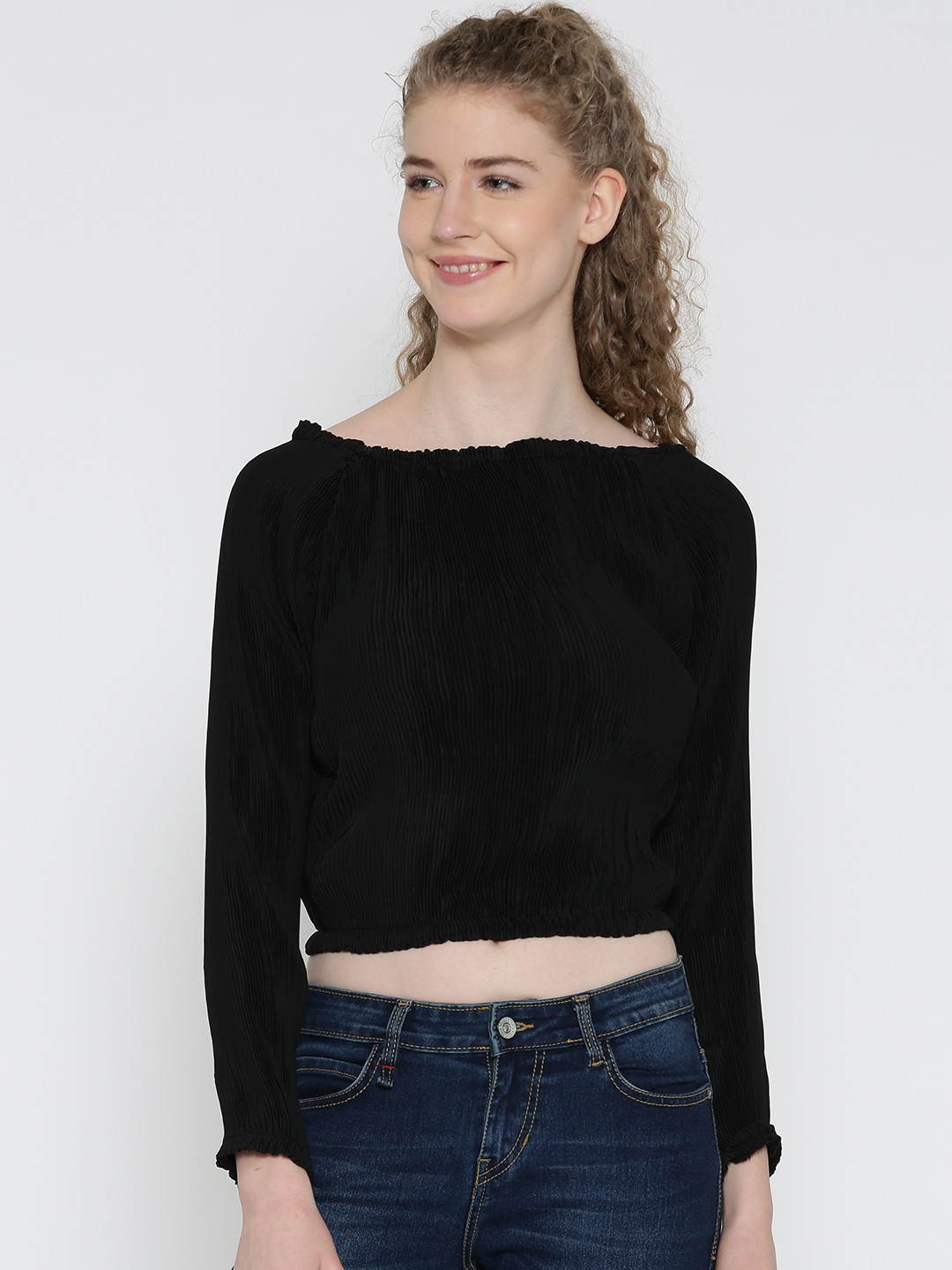 

Noi Women Black Solid Crop Top with Accordion Pleats