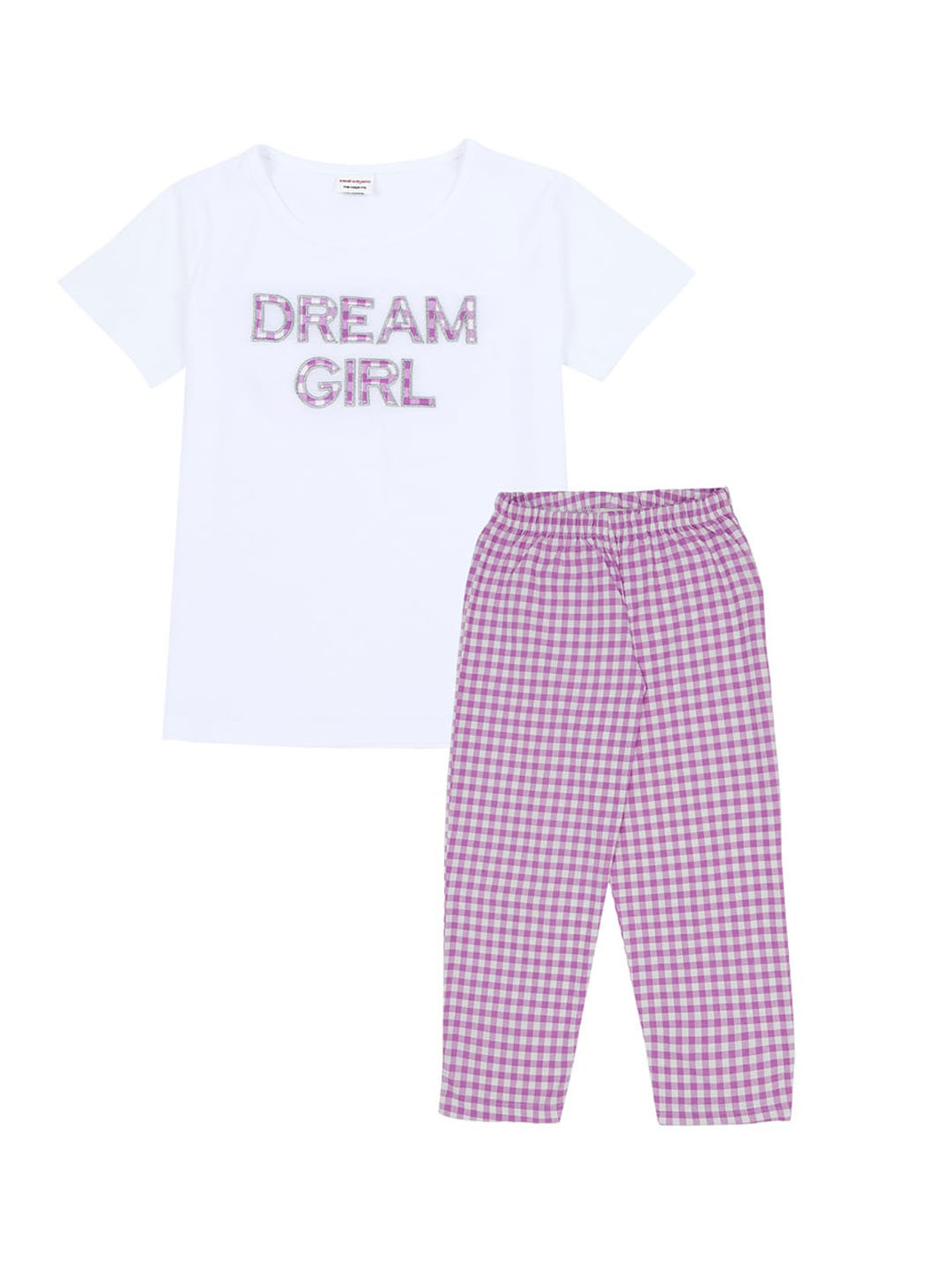 

RAINE AND JAINE Girls White & Purple Printed Night suit