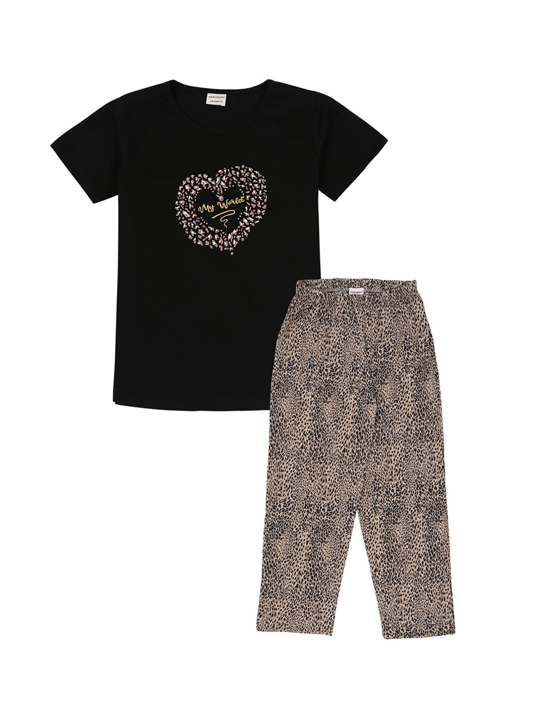 

RAINE AND JAINE Girls Black & Brown Printed Night Suit