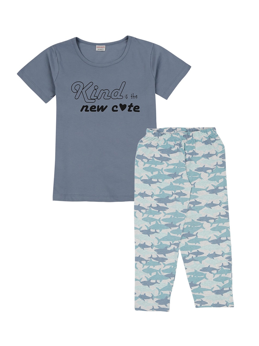 

RAINE AND JAINE Kids-Girls White & Grey Printed Pure CottonNight suit