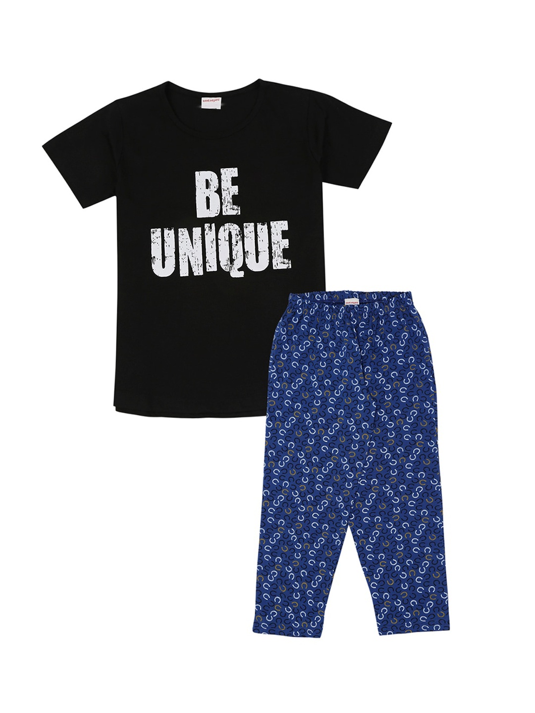 

RAINE AND JAINE Girls Black & Blue Printed Night suit