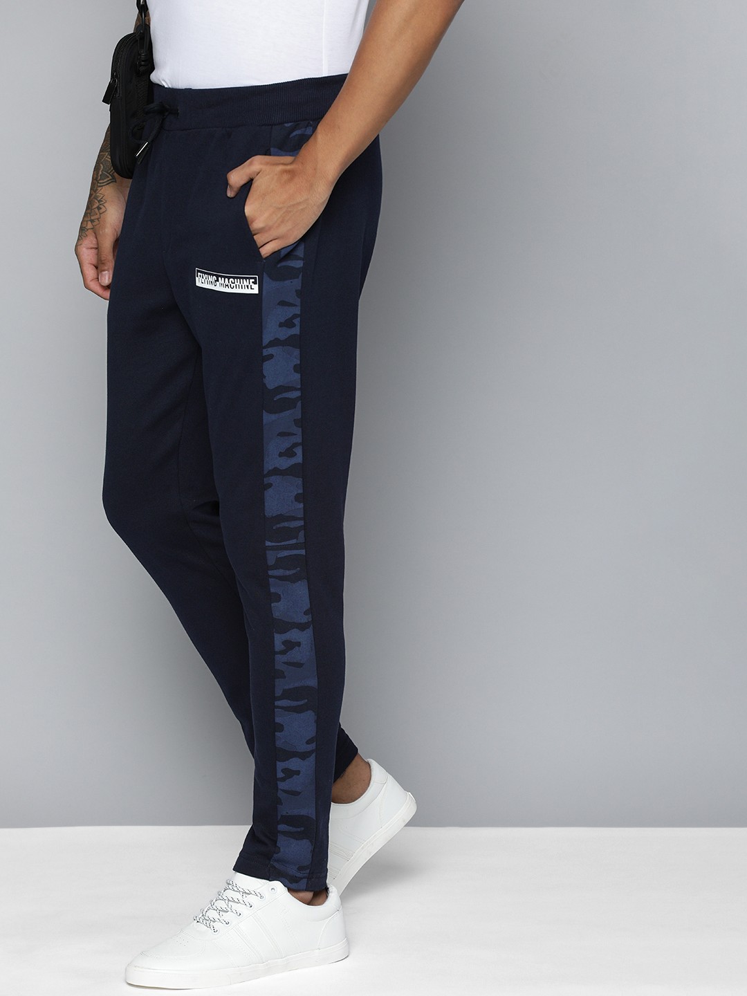 

Flying Machine Men Navy Blue Brand Logo Applique Track Pants With Side Printed Panels