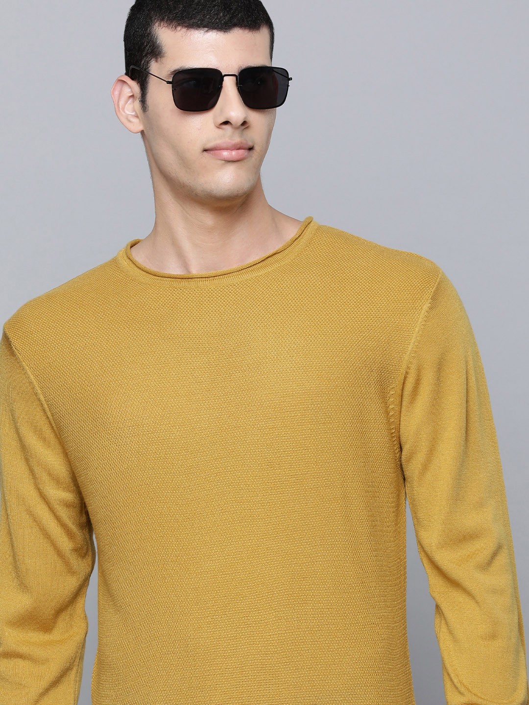 

Flying Machine Men Mustard Yellow Acrylic Solid Pullover