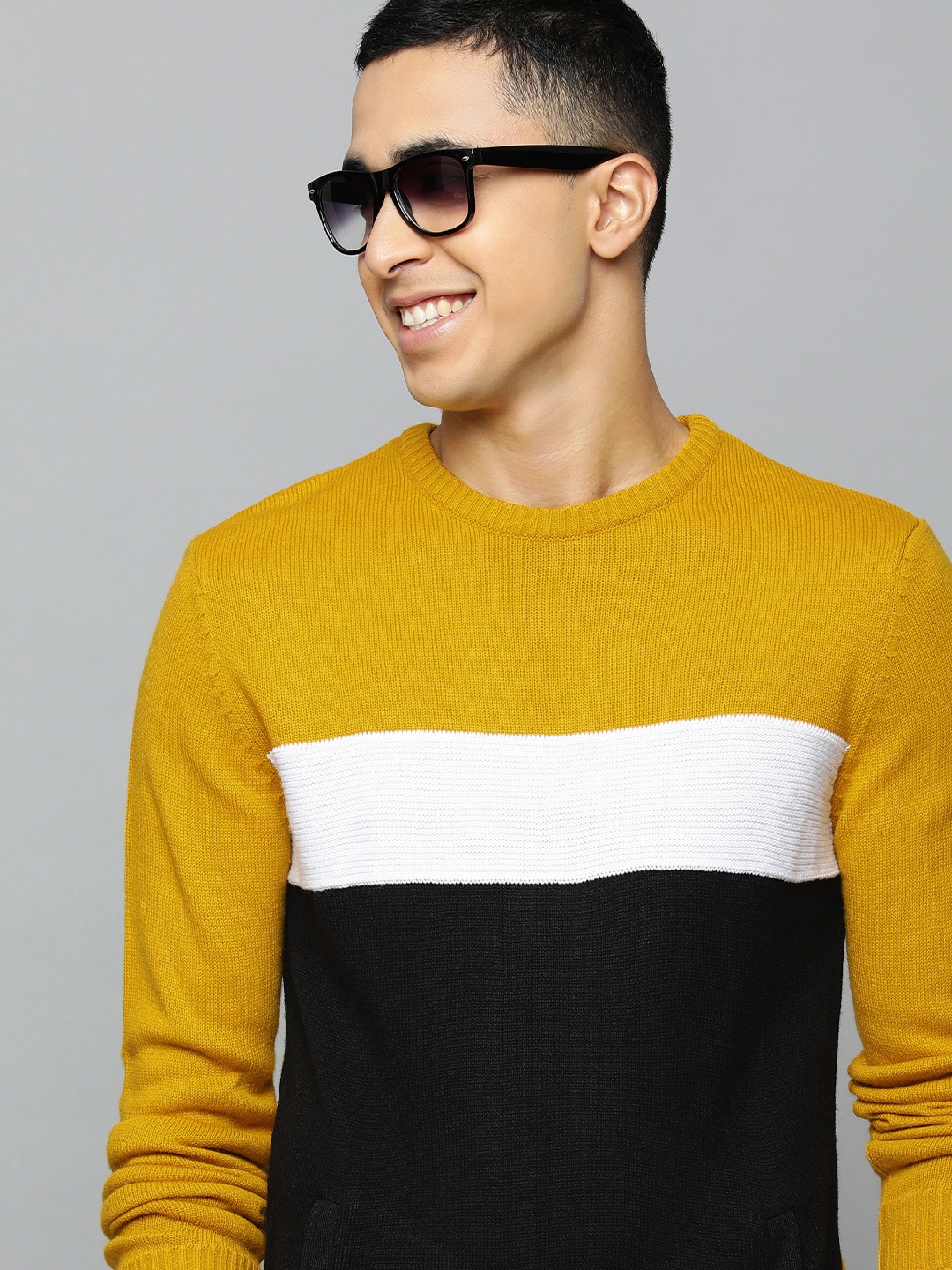 

Flying Machine Men Mustard & Black Colourblocked Pullover