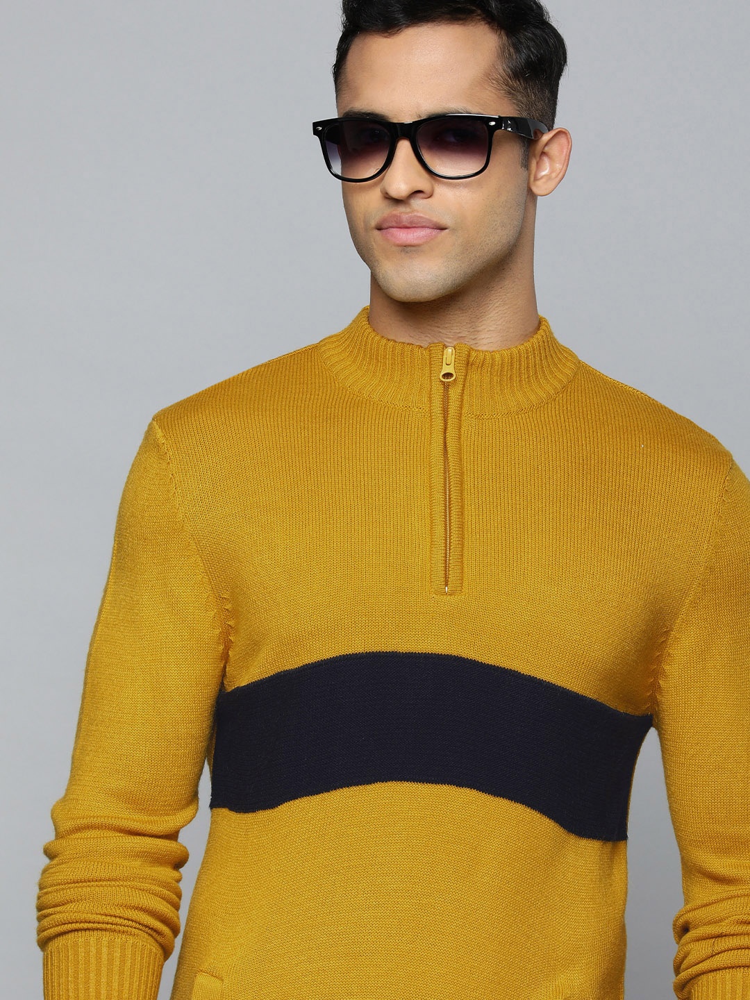 

Flying Machine Men Mustard Yellow Acrylic Striped Pullover
