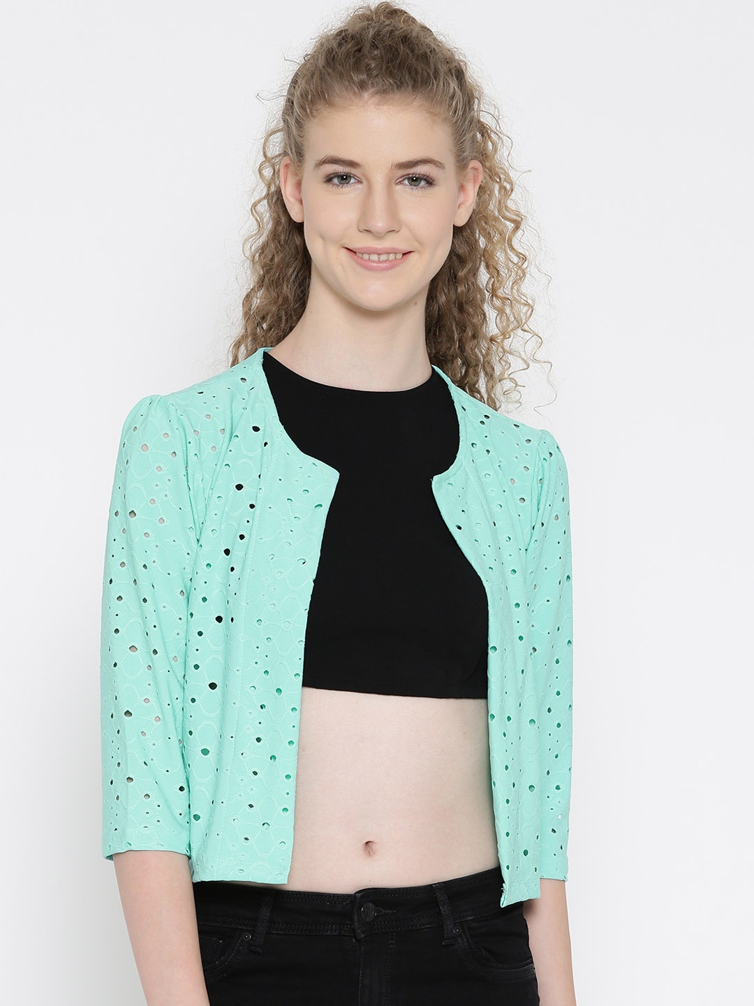 

Noi Sea Green Schiffli Embroidered Crop Shrug