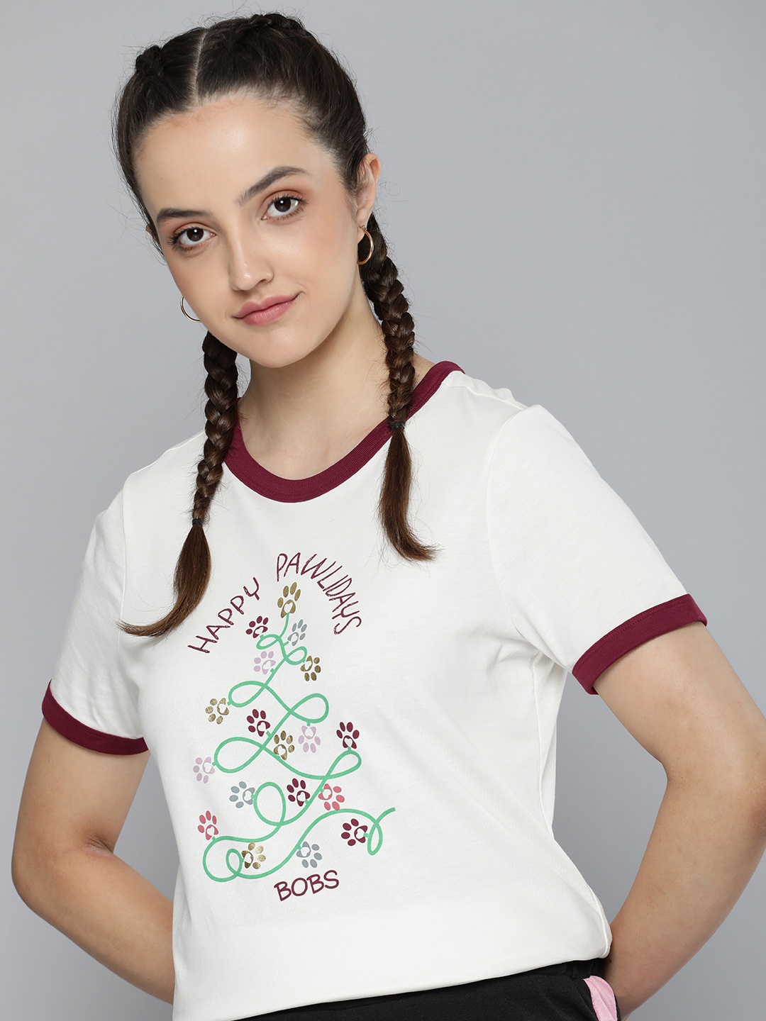 

Skechers Women HAPPY PAWLIDAY RINGER Printed T-shirt, Off white