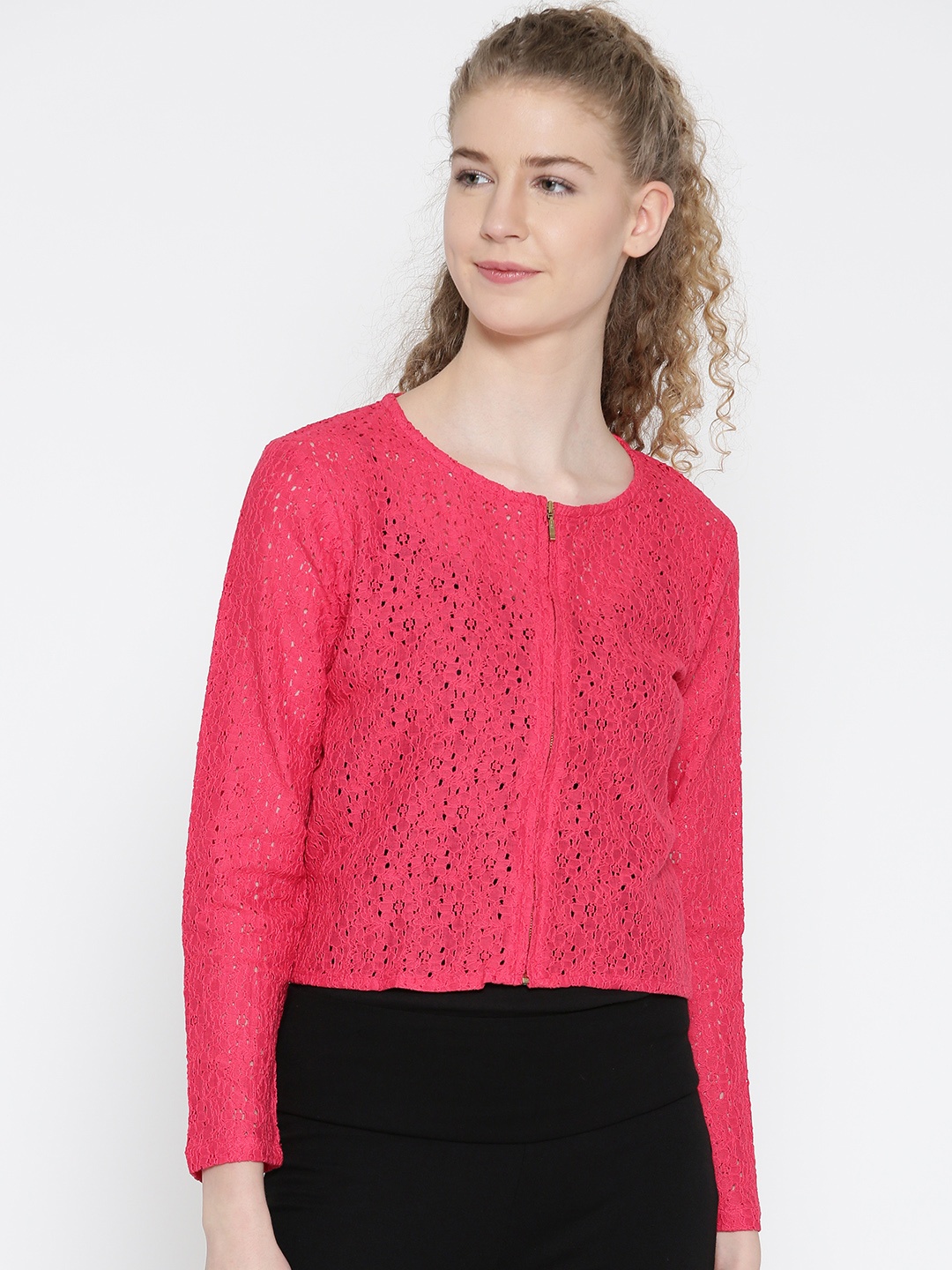 

Noi Women Pink Collarless Lace Cropped Tailored Jacket