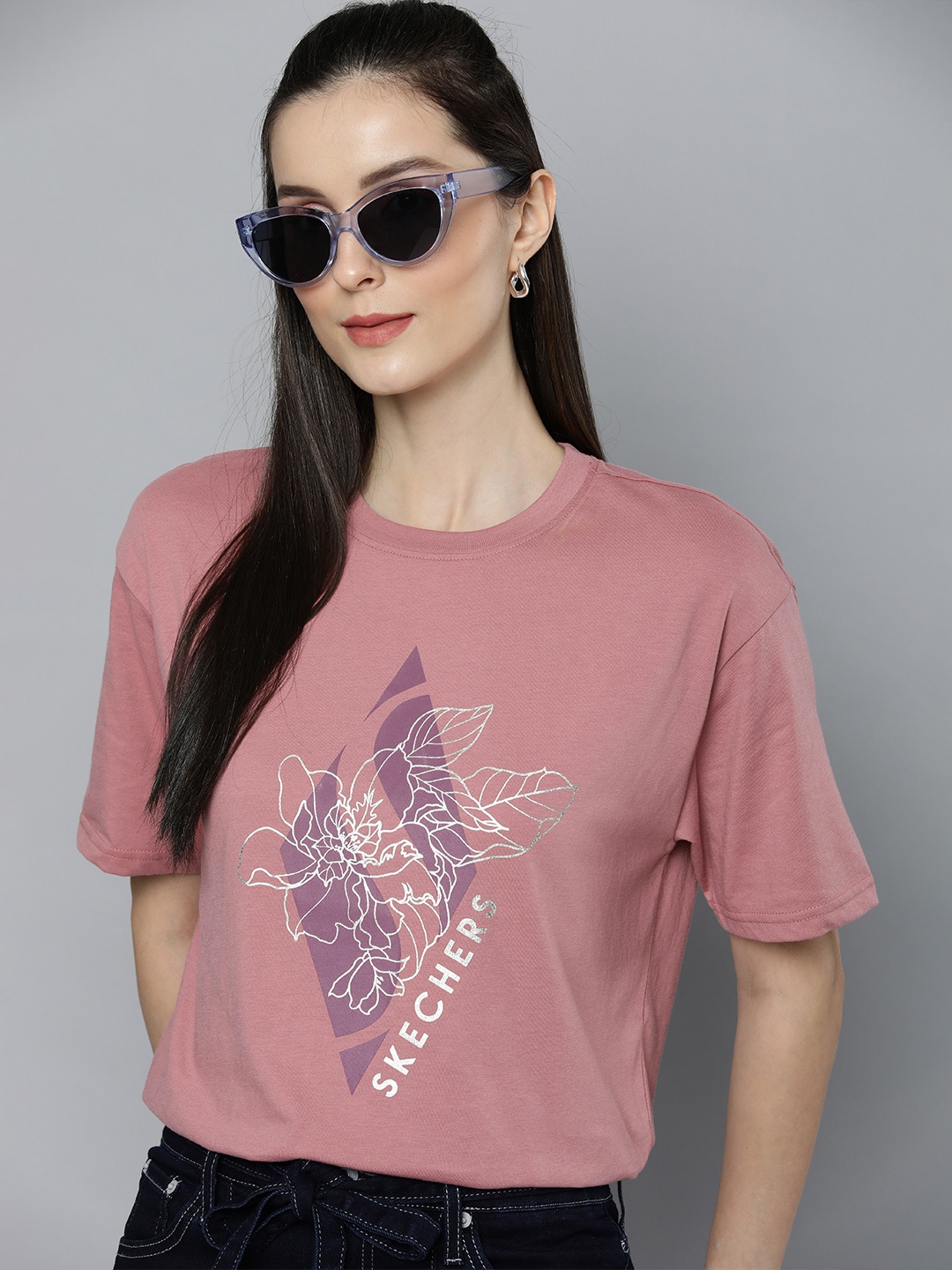 

Skechers Women Mauve Pink Floral Printed T-shirt with Brand Logo