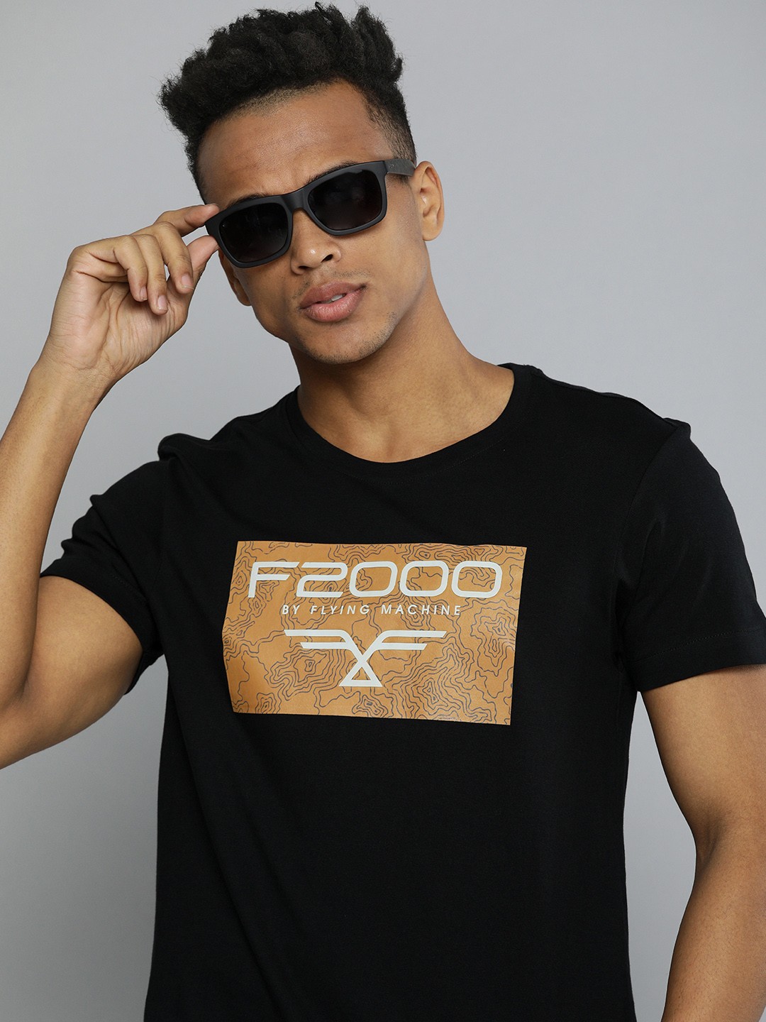

Flying Machine Men Black Typography Printed Pure Cotton Slim Fit T-shirt