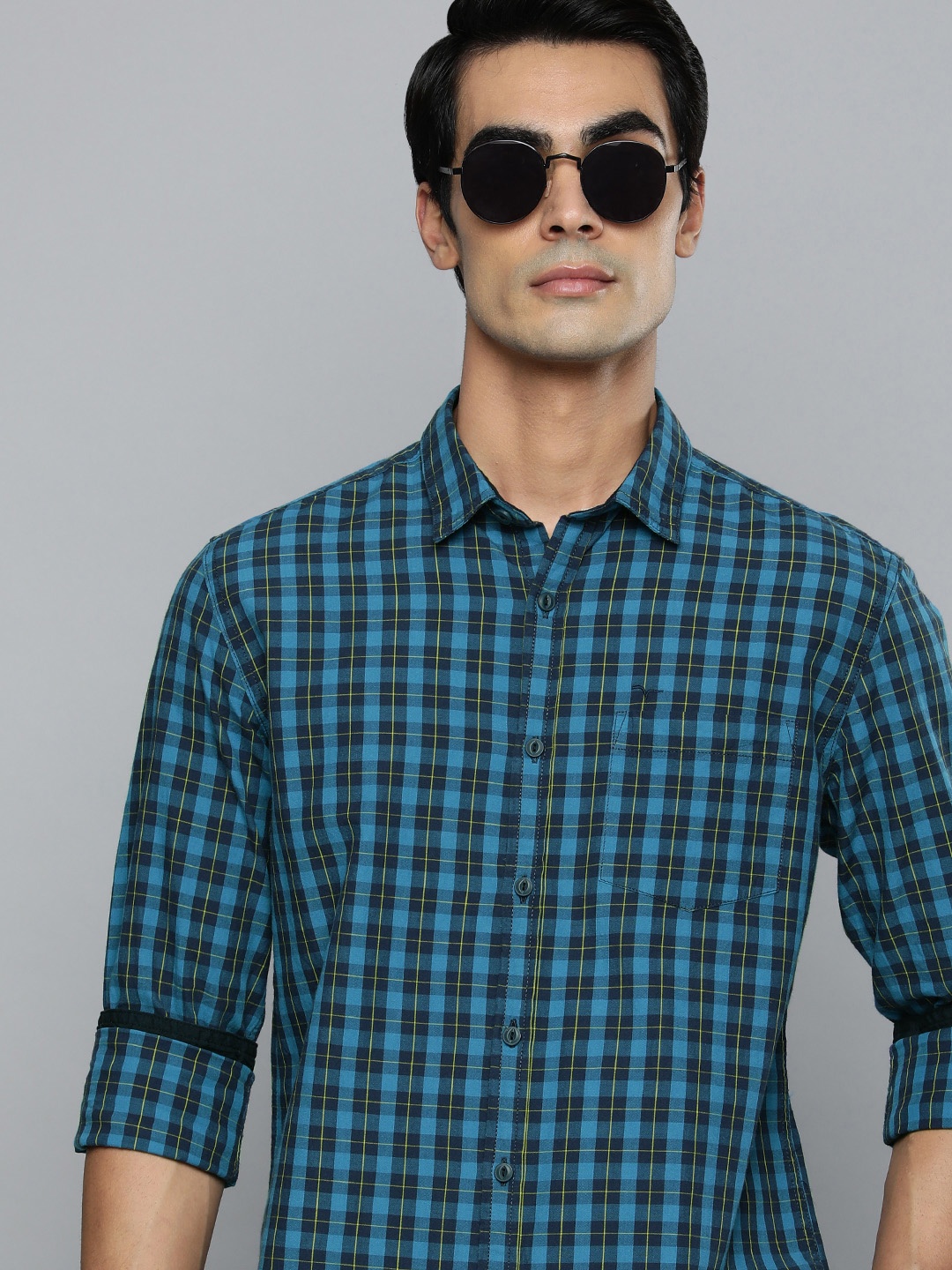 

Flying Machine Men Blue Slim Fit Checked Pure Cotton Casual Shirt