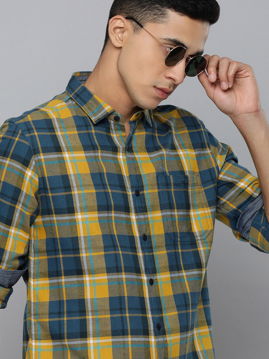 

Flying Machine Men Mustard Yellow Tartan Checked Pure Cotton Slim Fit Casual Shirt