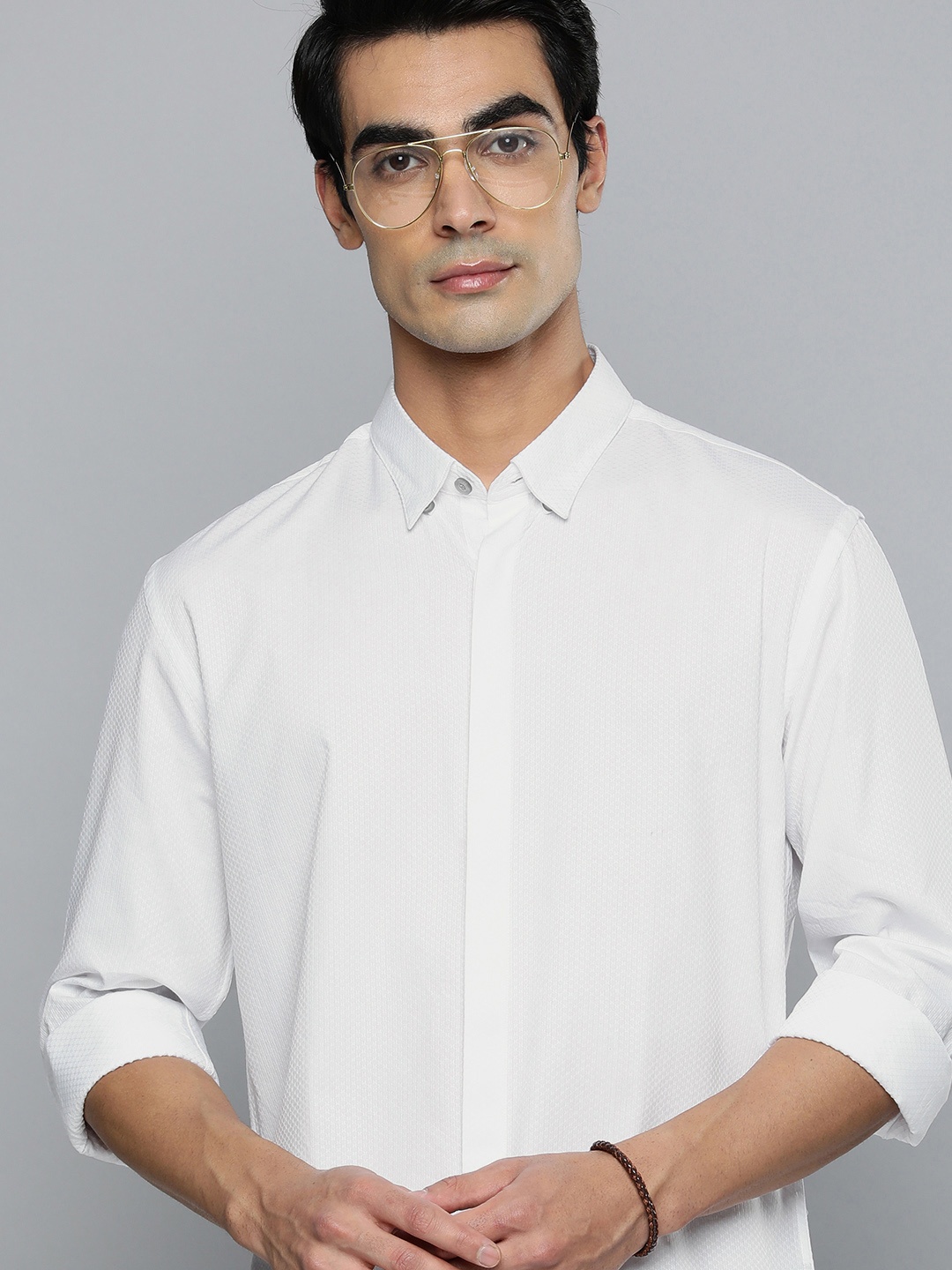 

Flying Machine Men White Self Design Slim Fit Pure Cotton Casual Shirt