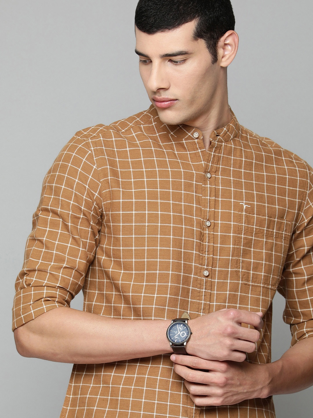 

Mens Cotton Linen Checks Slim Brown Shirt