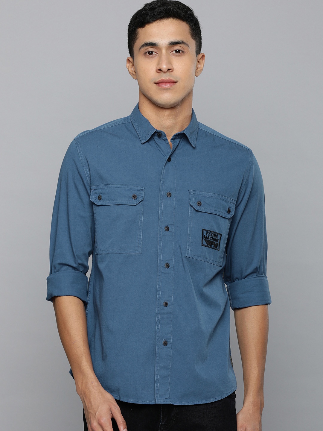 

Flying Machine Men Blue Brand Logo Printed Pure Cotton Pure Cotton Casual Shirt