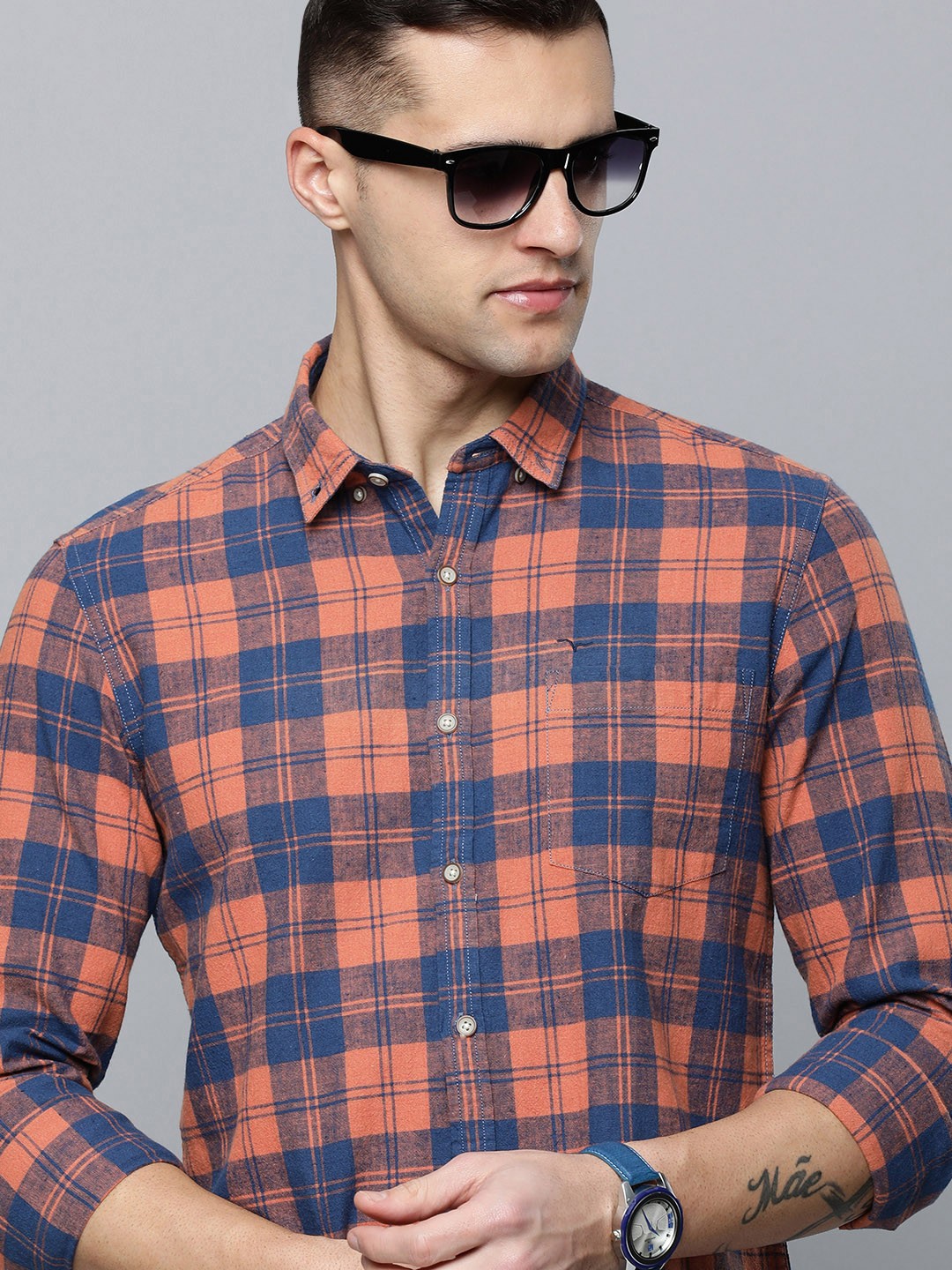 

Flying Machine Men Orange Tartan Checked Casual Shirt