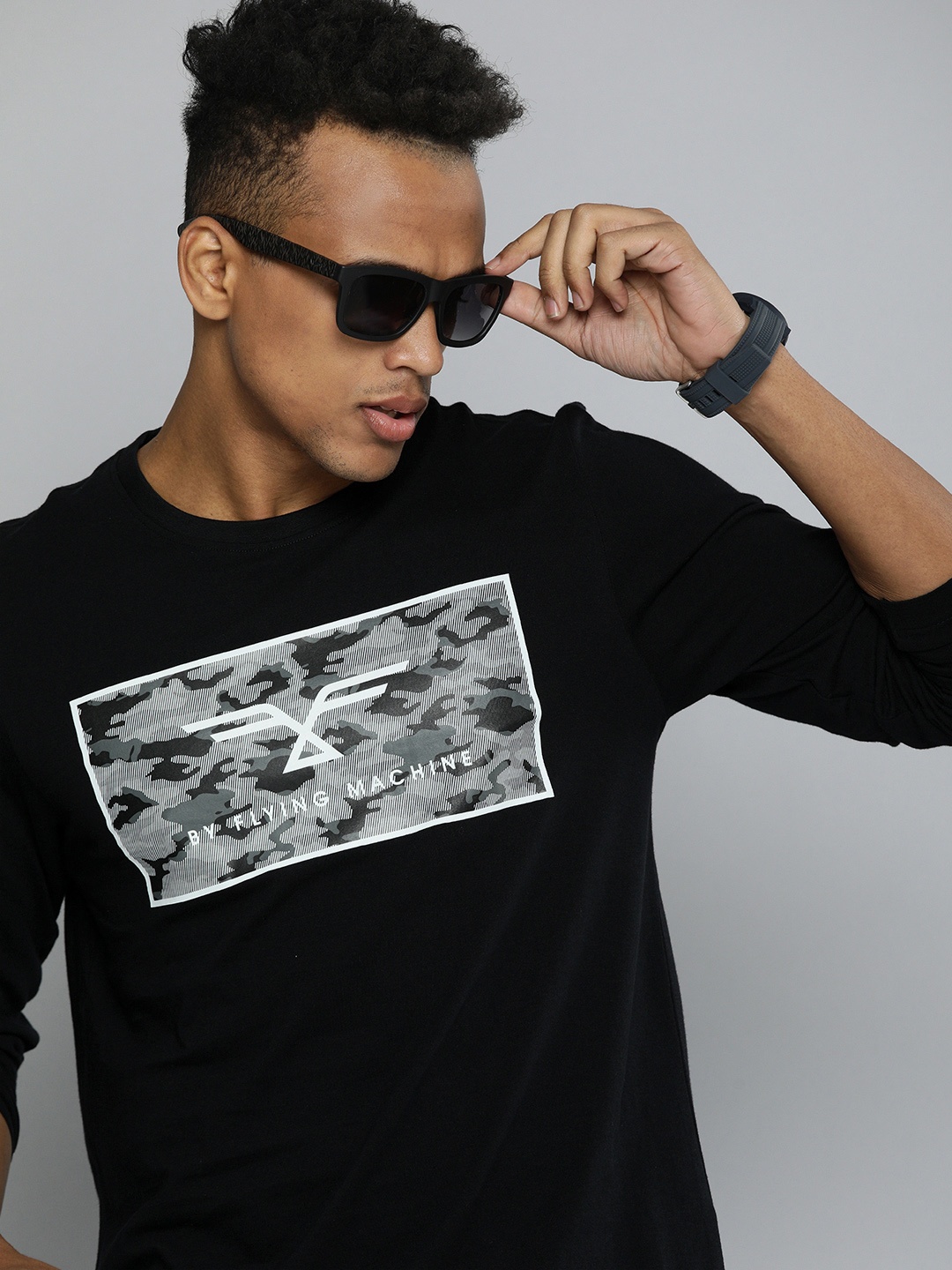 

Flying Machine Men Black Printed Pure Cotton Slim Fit T-shirt