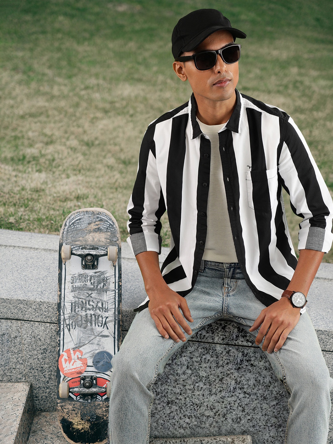 Flying Machine Men Black Slim Fit Striped Pure Cotton Casual Shirt