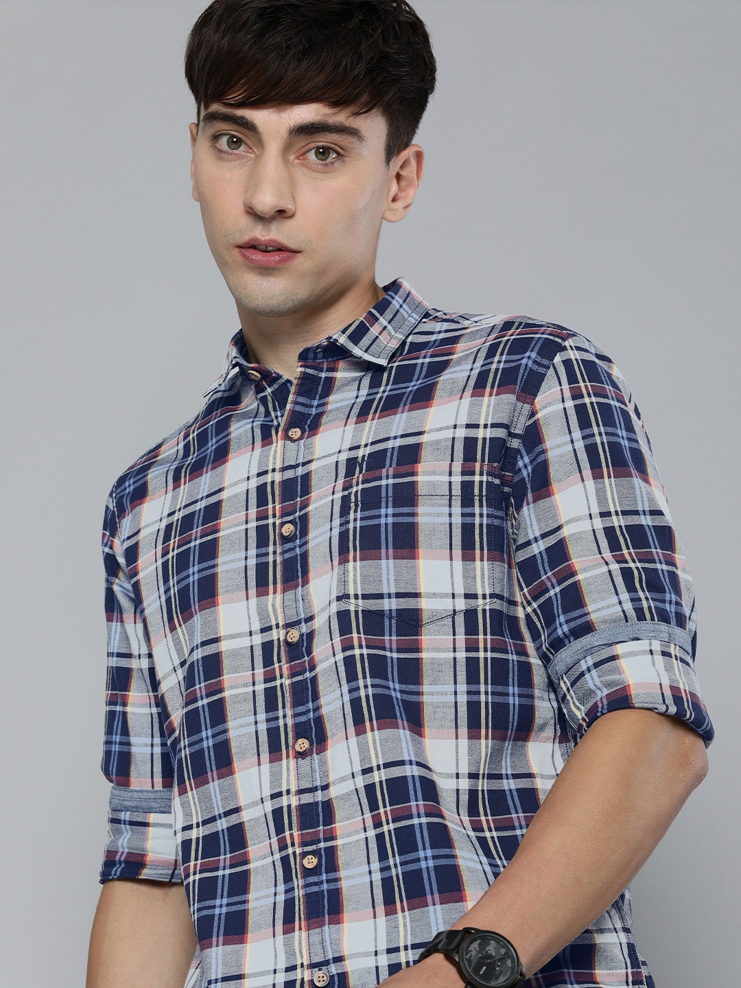 

Flying Machine Men Navy Blue Slim Fit Tartan Checks Opaque Pure Cotton Casual Shirt
