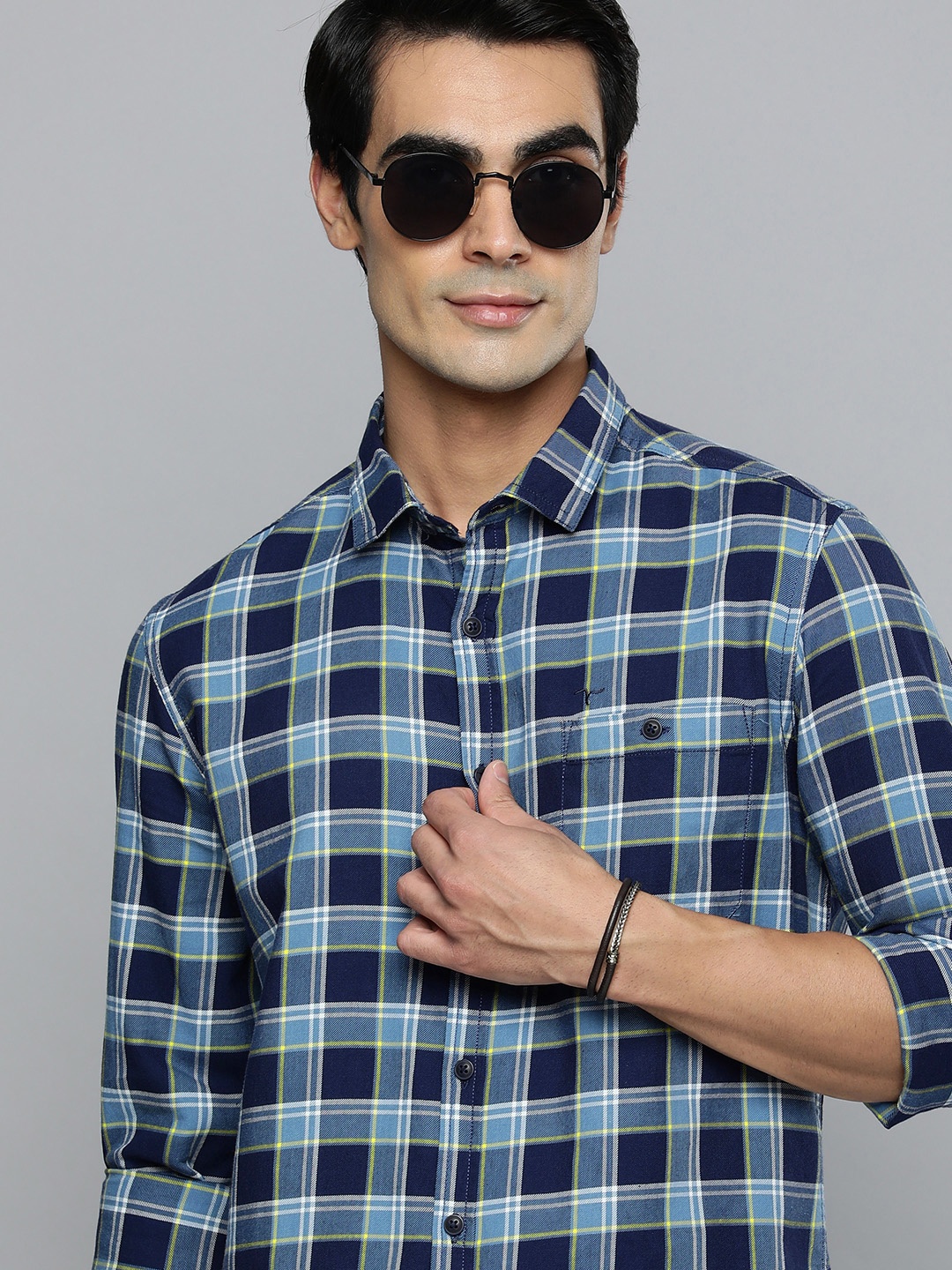

Flying Machine Men Blue Slim Fit Checked Pure Cotton Casual Shirt