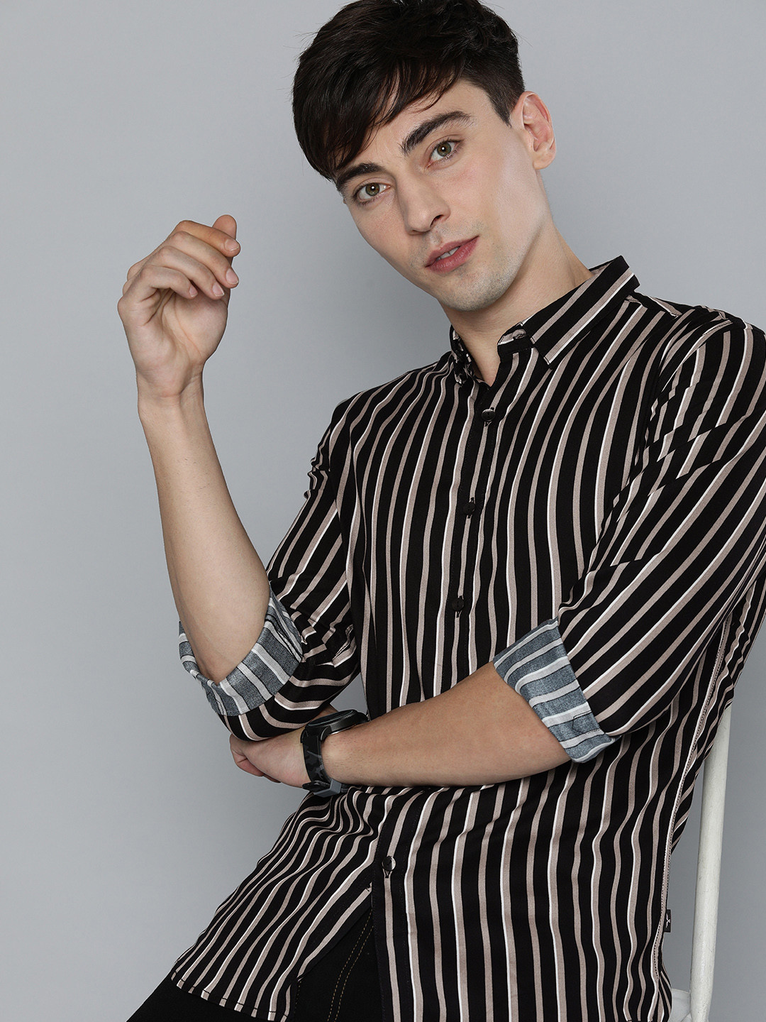 

Flying Machine Men Black & Grey Slim Fit Striped Casual Shirt