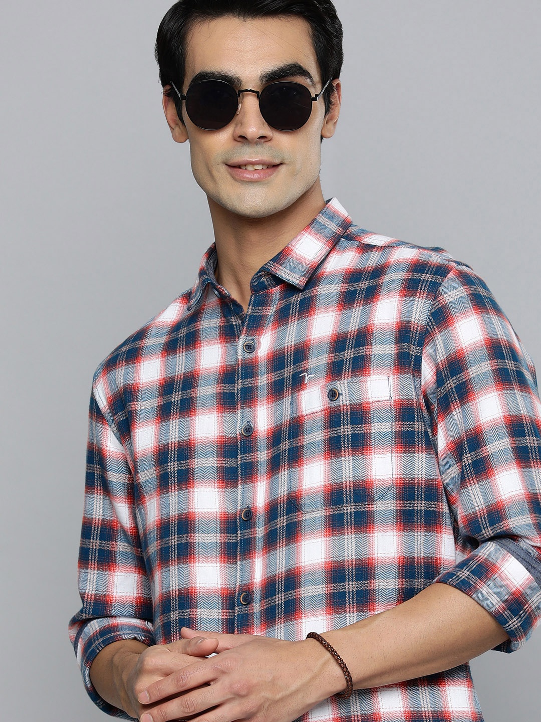 

Flying Machine Men Orange And Blue Slim Fit Checked Pure Cotton Casual Shirt