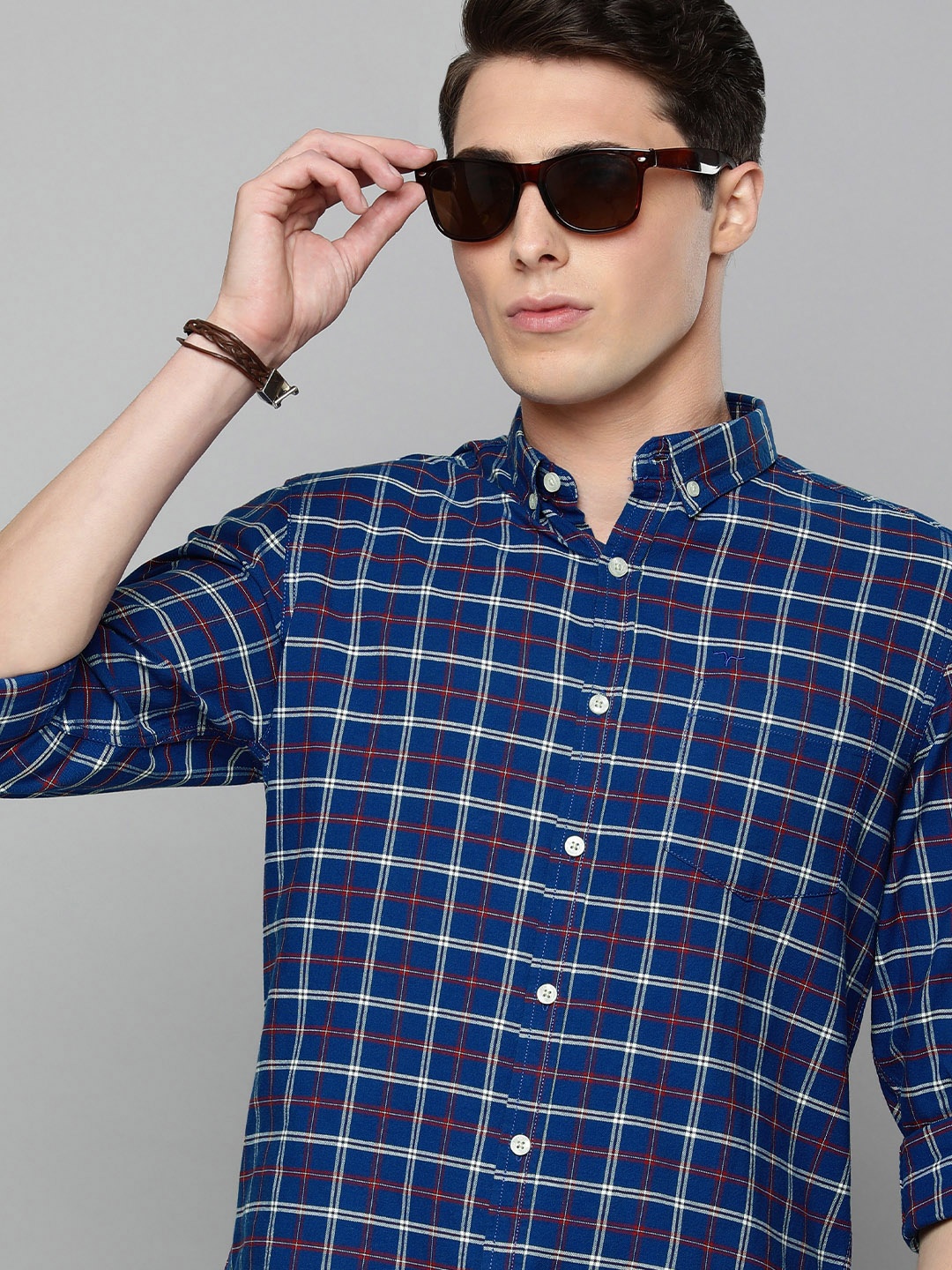 

Flying Machine Men Blue Slim Fit Tartan Checked Pure Cotton Casual Shirt