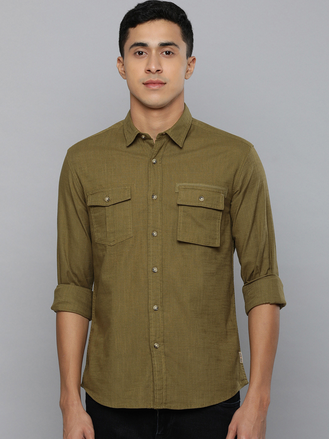 

Flying Machine Men Olive Green Brand Logo Printed Pure Cotton Pure Cotton Casual Shirt