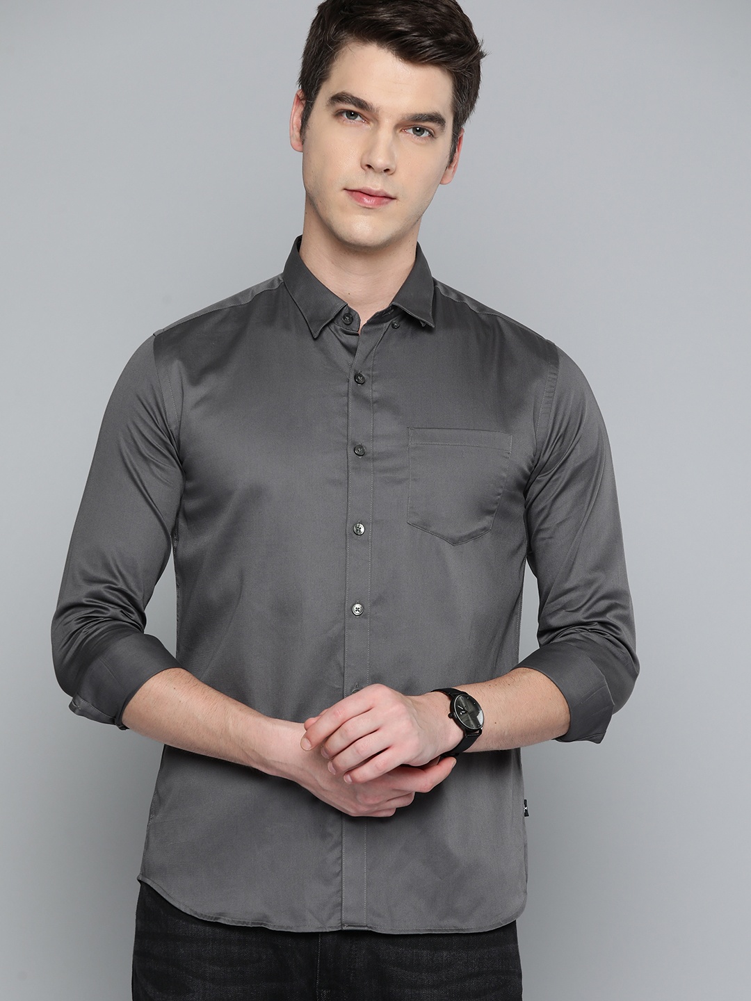 

Flying Machine Men Charcoal Grey Pure Cotton Slim Fit Casual Shirt