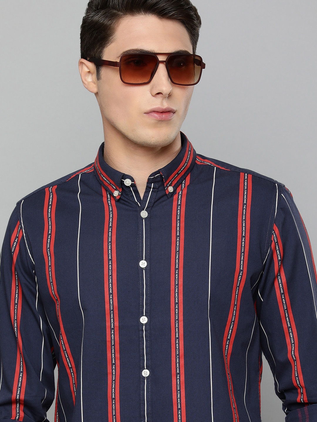 

Flying Machine Men Navy Blue Slim Fit Striped Pure Cotton Casual Shirt