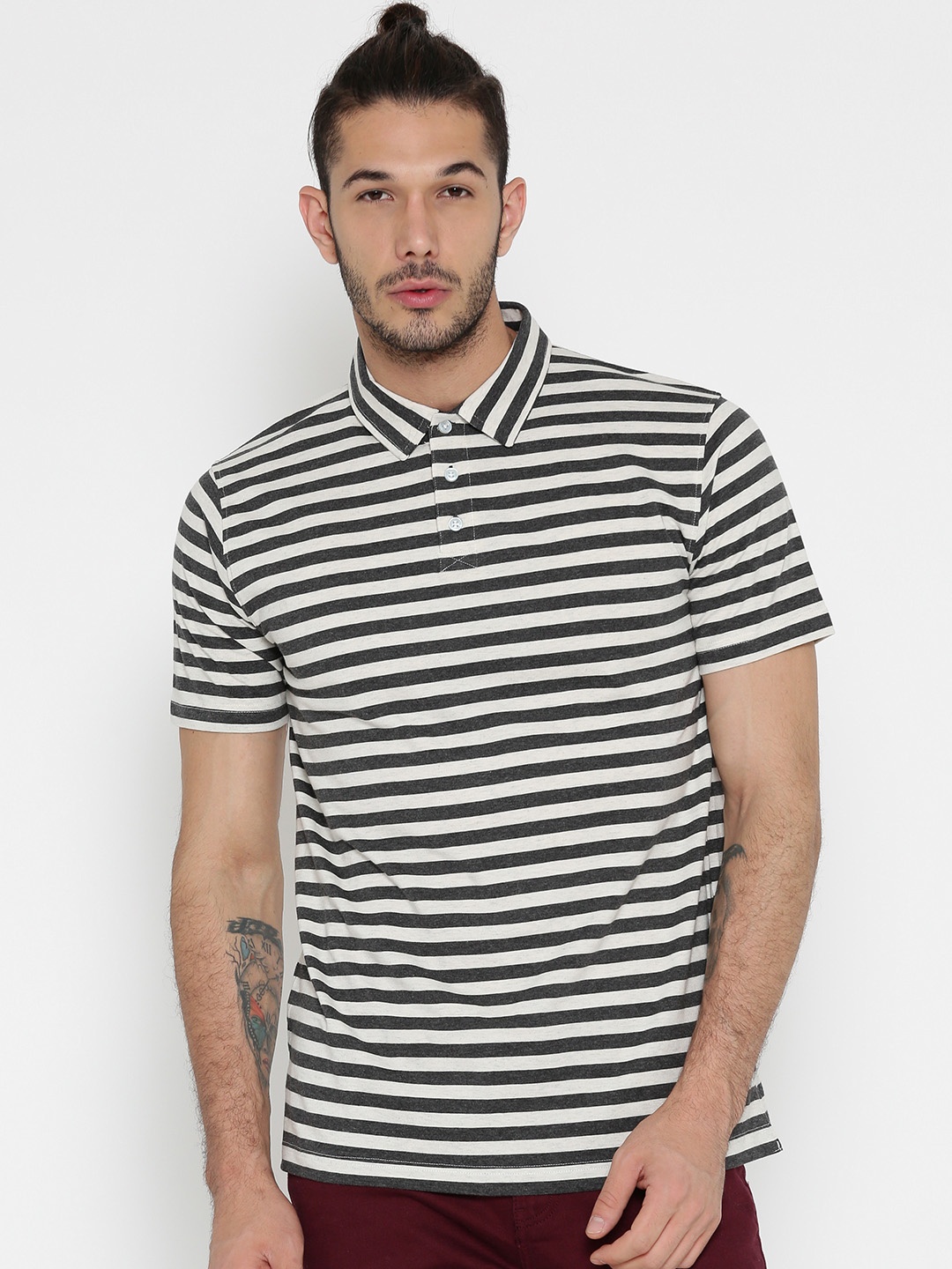 

American Crew Men Off-White Striped Polo Collar T-shirt