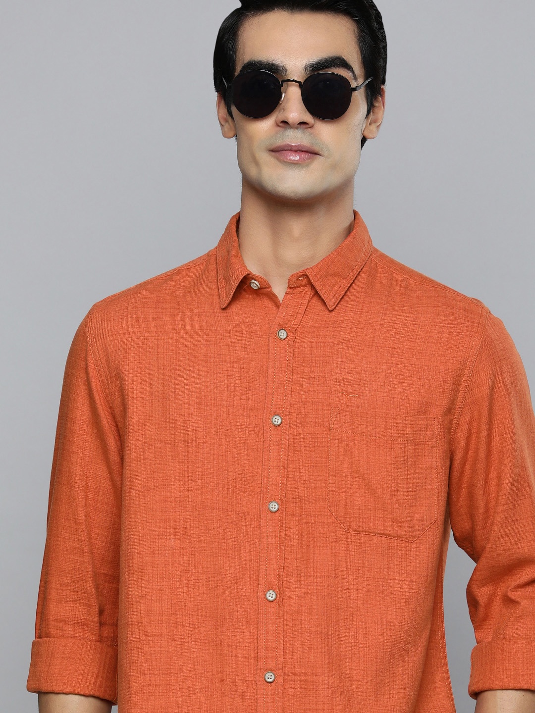 

Flying Machine Men Rust Brown Regular Fit Solid Opaque Casual Shirt with Chest Pocket