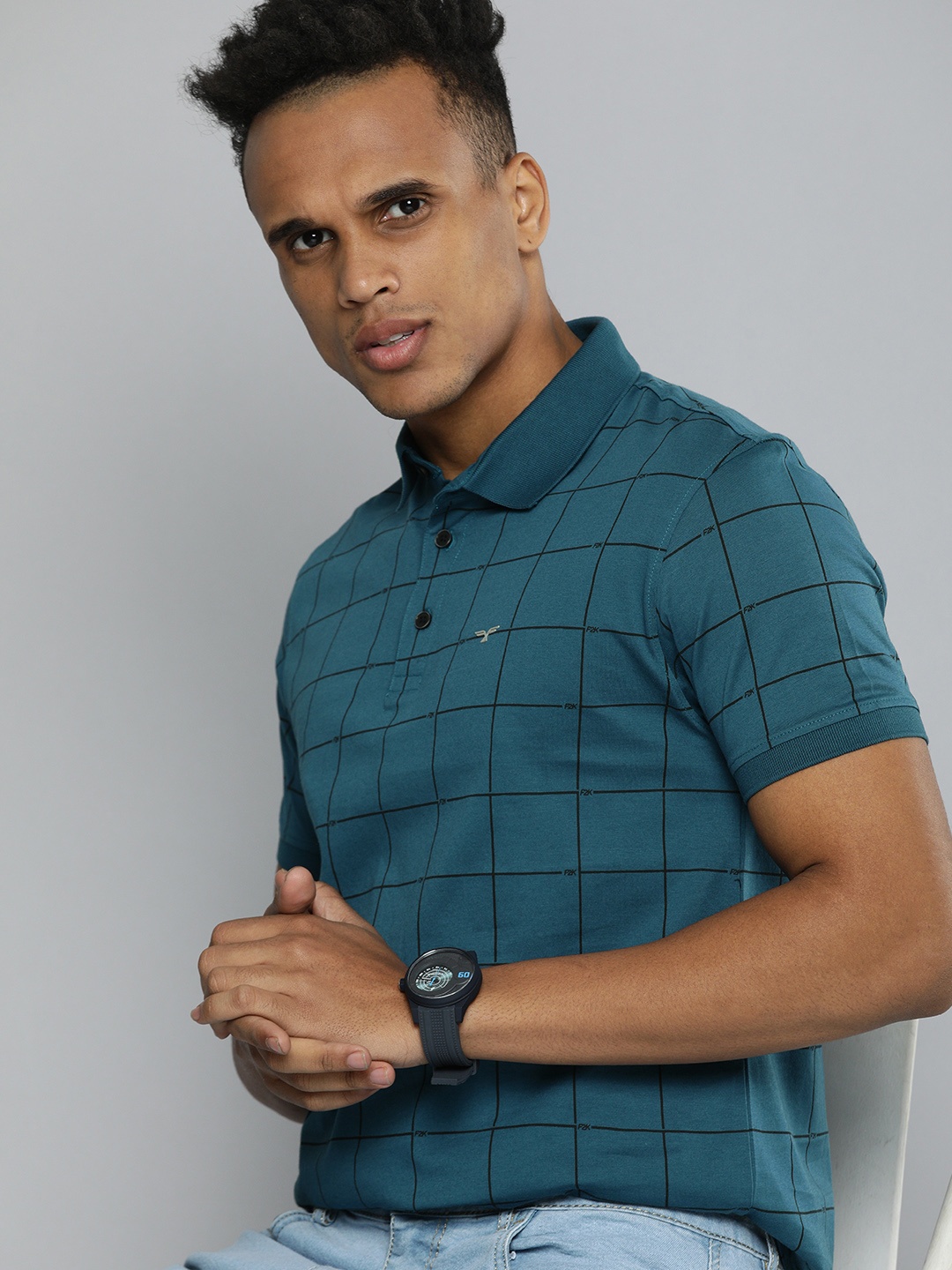 

Flying Machine Men Blue Checked Polo Collar Pure Cotton T-shirt