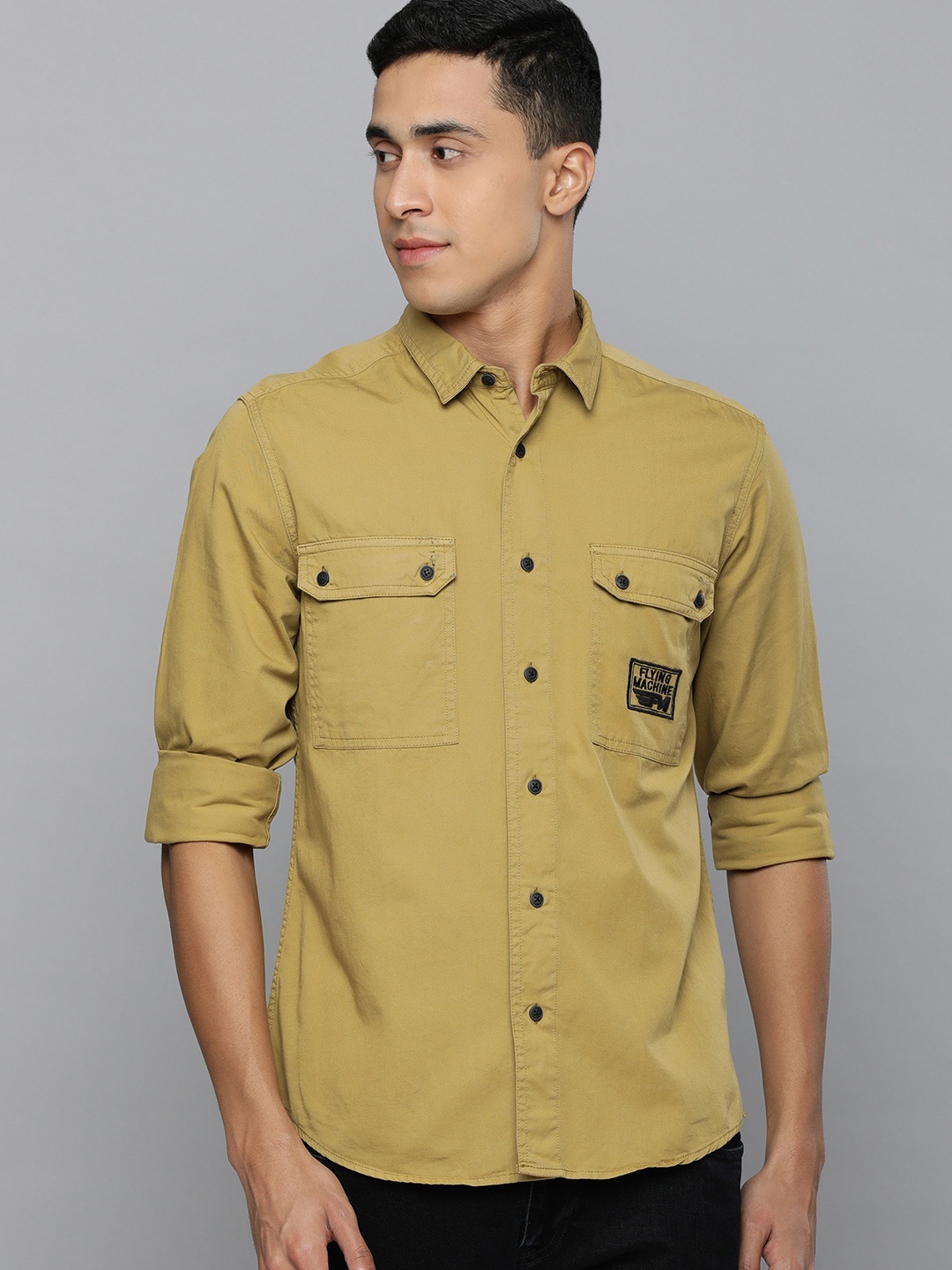 

Flying Machine Men Khaki Brand Logo Printed Pure Cotton Pure Cotton Casual Shirt