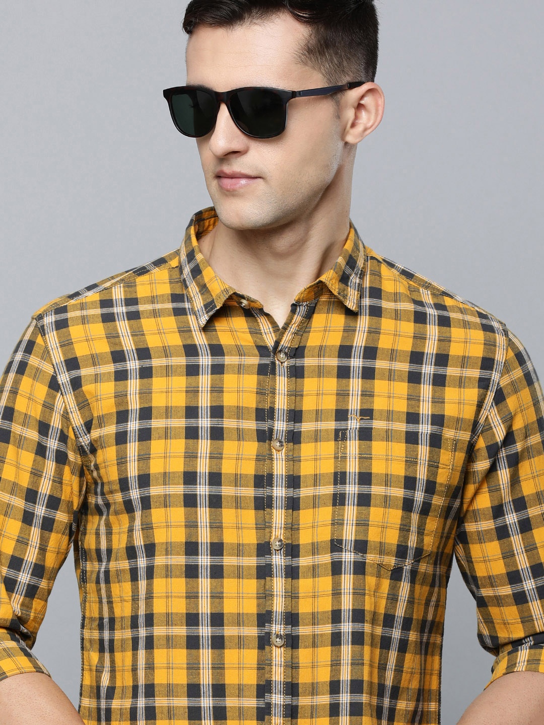 

Flying Machine Men Mustard Yellow Slim Fit Checked Pure Cotton Casual Shirt